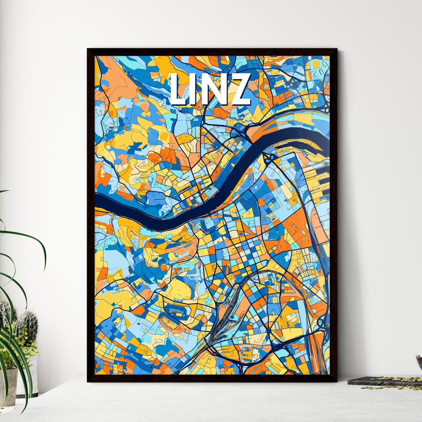 LINZ AUSTRIA Vibrant Colorful Art Map Poster Blue Orange