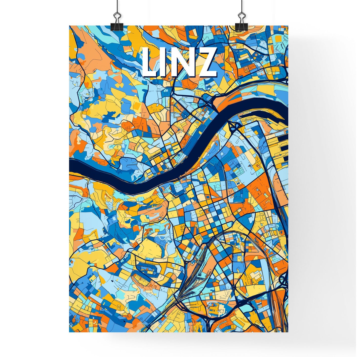 LINZ AUSTRIA Vibrant Colorful Art Map Poster Blue Orange