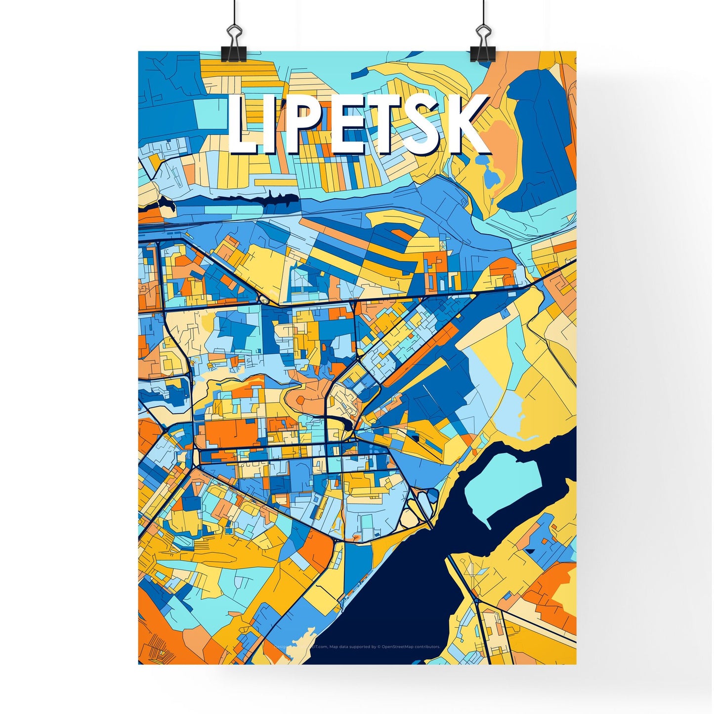 LIPETSK RUSSIA Vibrant Colorful Art Map Poster Blue Orange