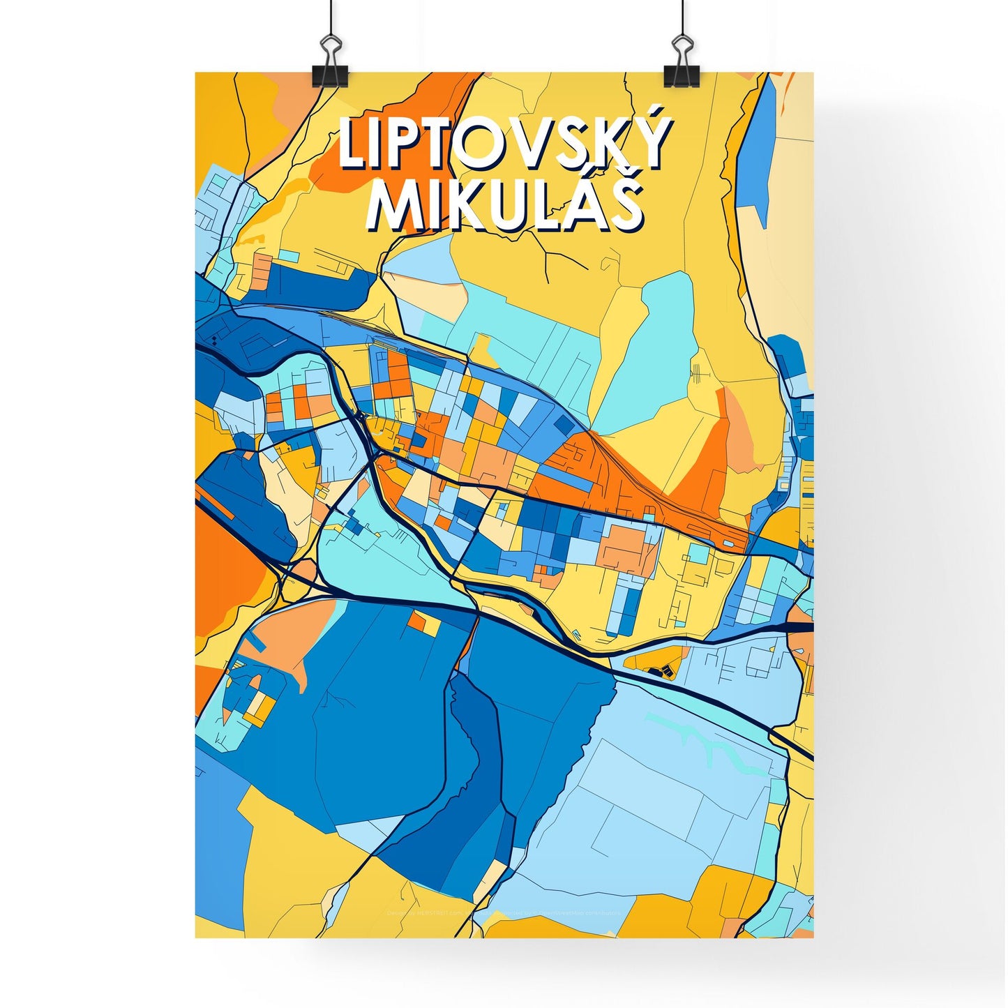 LIPTOVSKÝ MIKULÁŠ SLOVAKIA Vibrant Colorful Art Map Poster Blue Orange