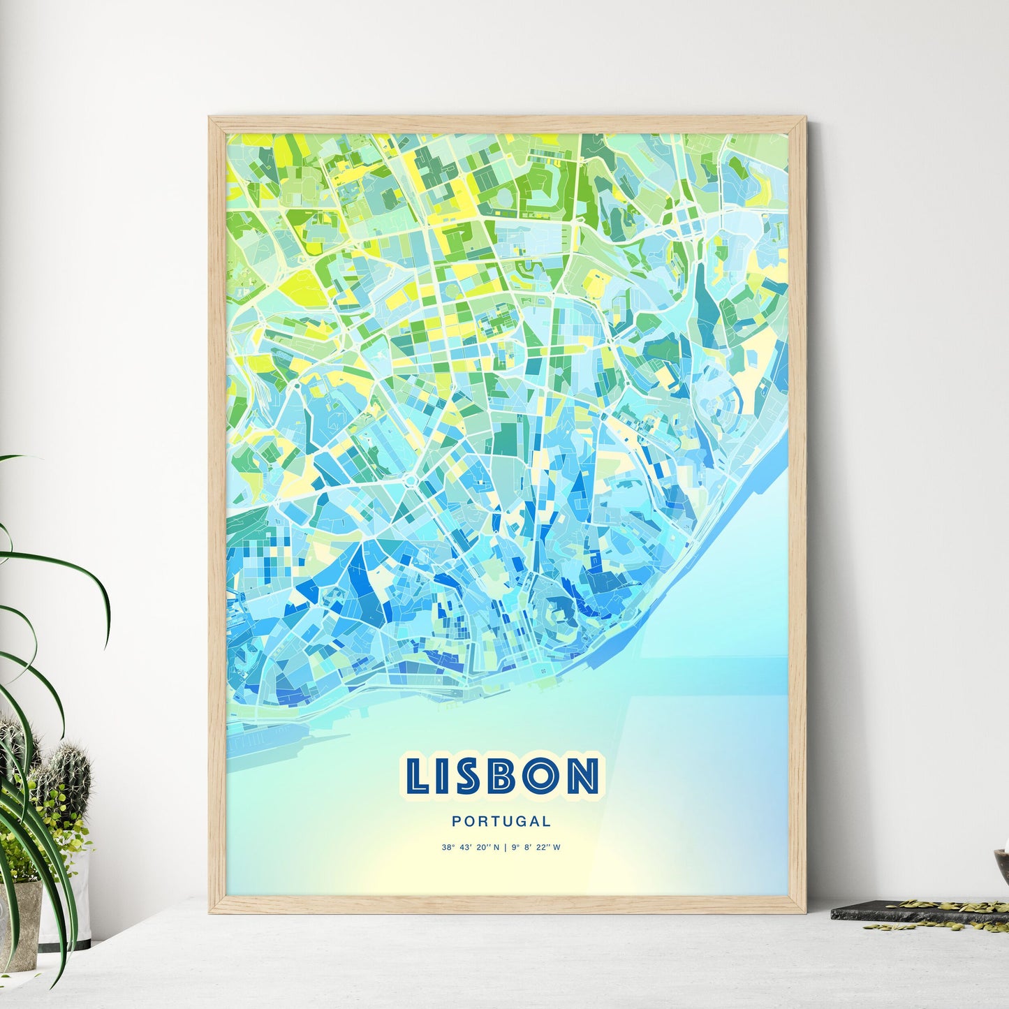 Colorful Lisbon Portugal Fine Art Map Cool Blue