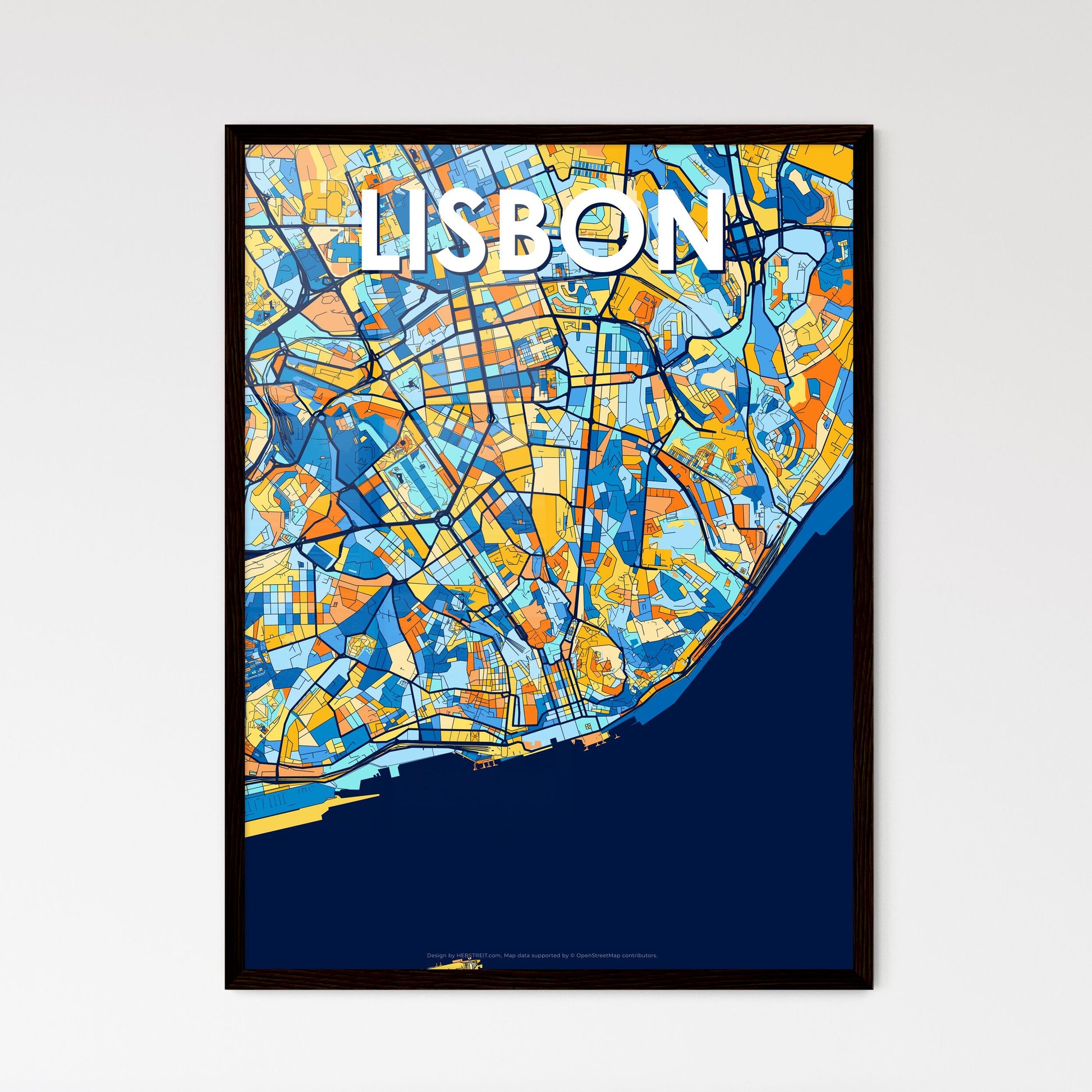 LISBON PORTUGAL Vibrant Colorful Art Map Poster Blue Orange