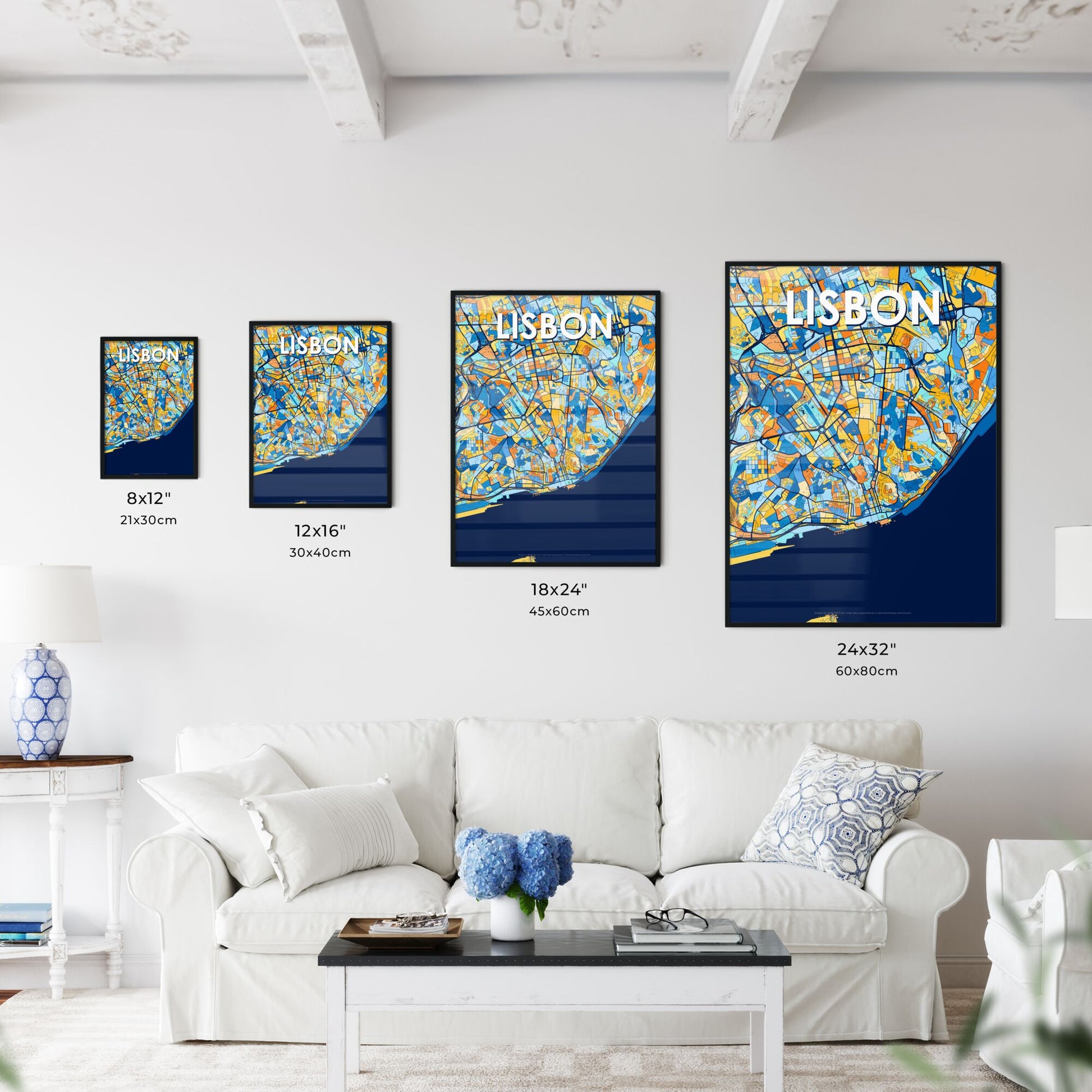 LISBON PORTUGAL Vibrant Colorful Art Map Poster Blue Orange