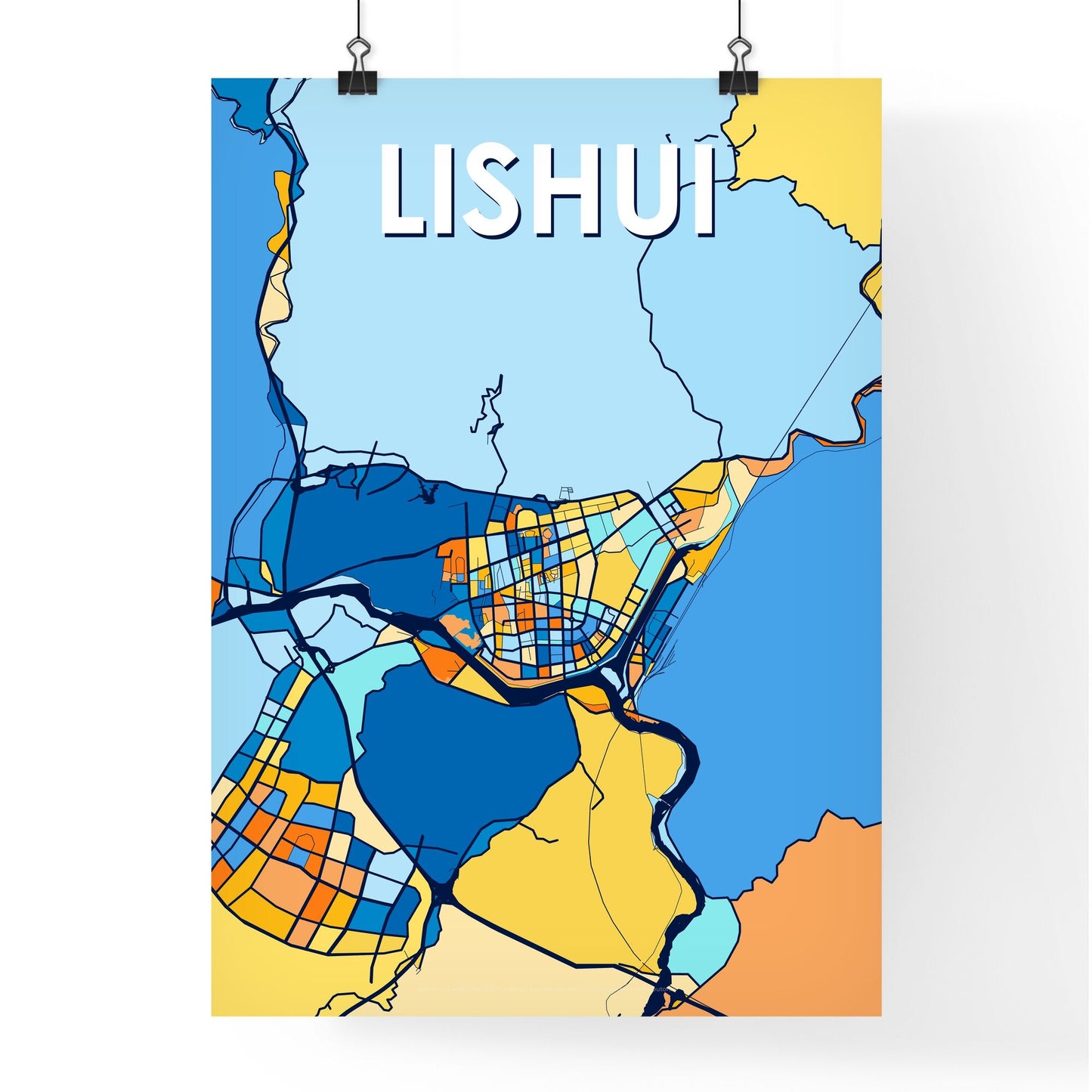 LISHUI CHINA Vibrant Colorful Art Map Poster Blue Orange