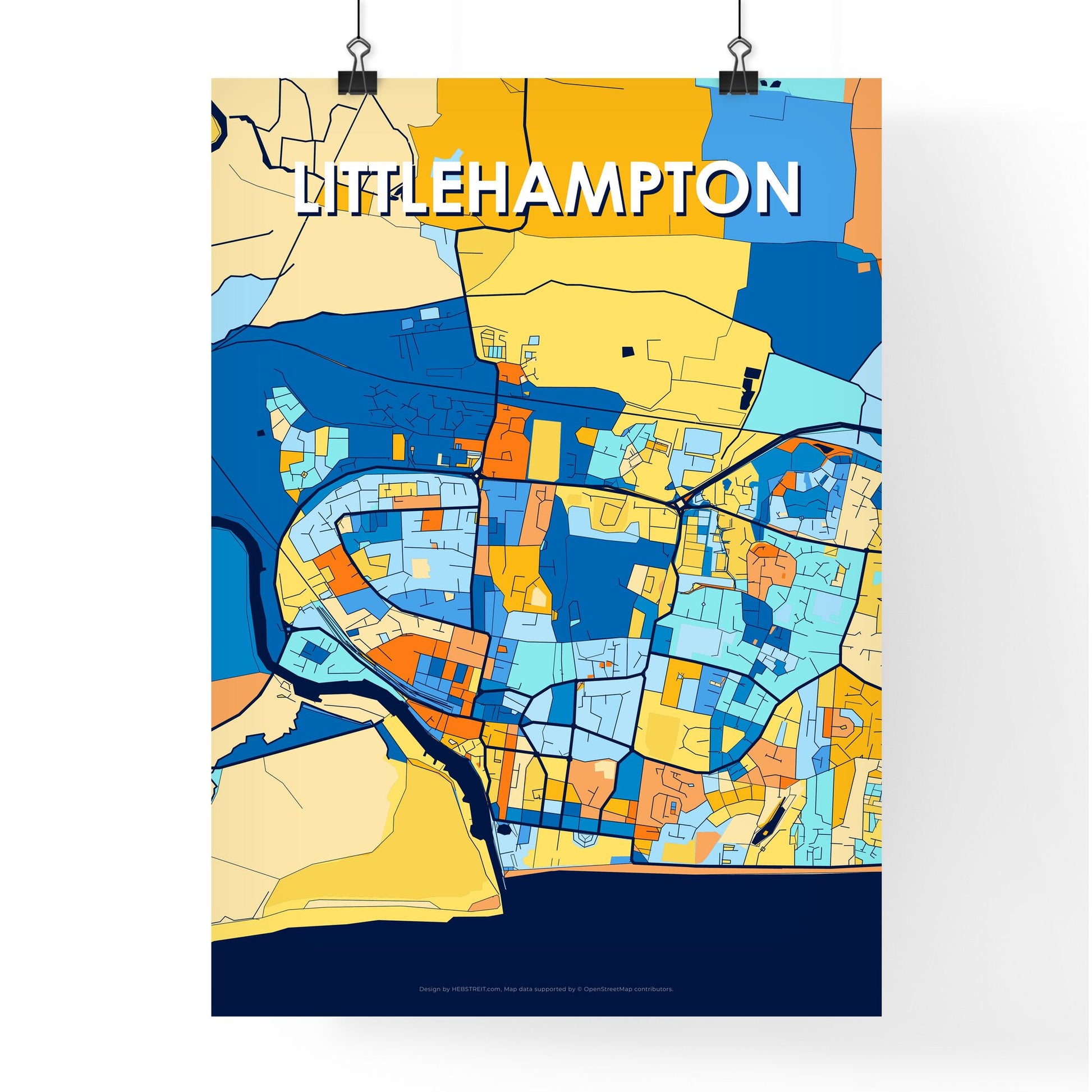 LITTLEHAMPTON ENGLAND Vibrant Colorful Art Map Poster Blue Orange