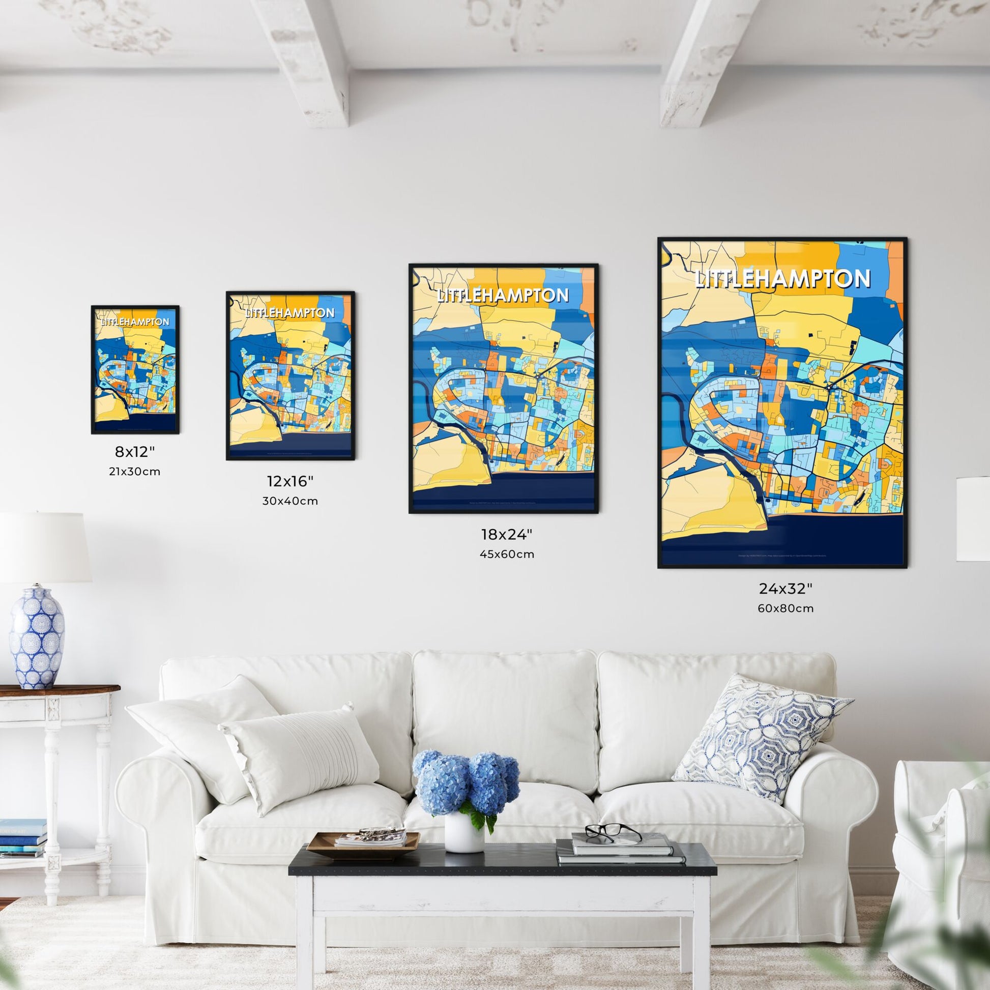 LITTLEHAMPTON ENGLAND Vibrant Colorful Art Map Poster Blue Orange