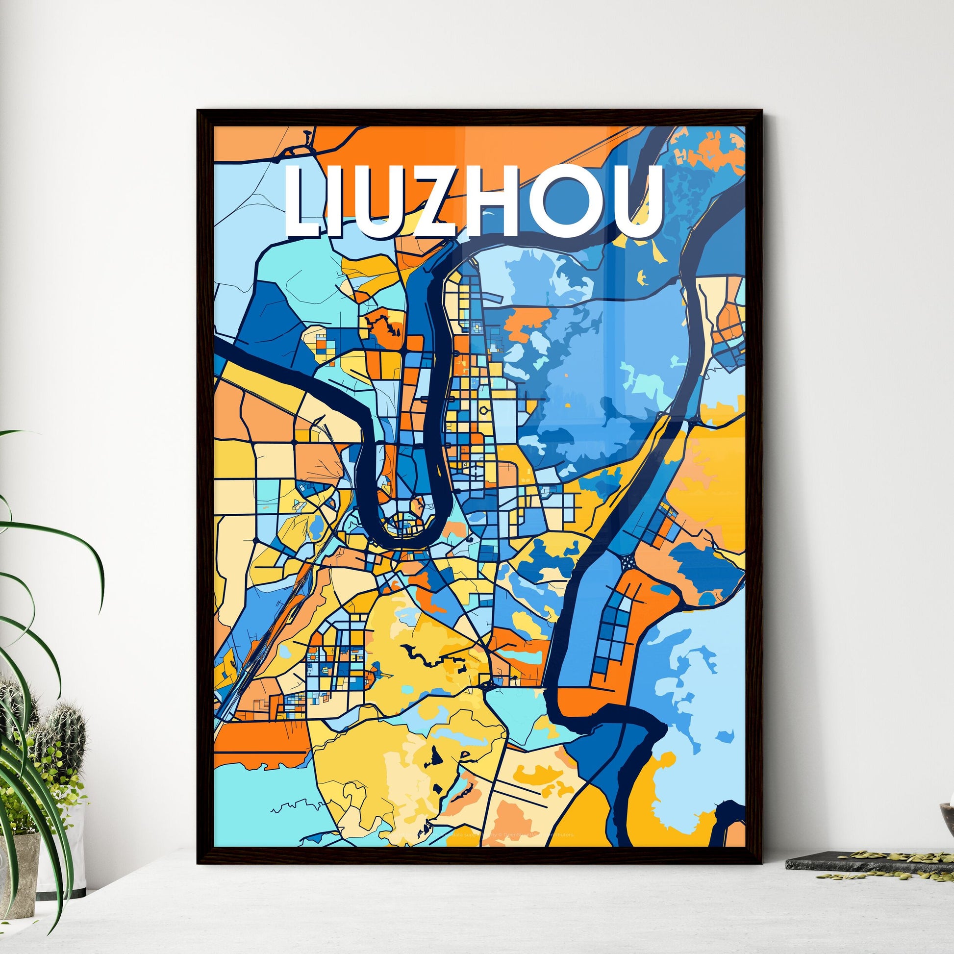 LIUZHOU CHINA Vibrant Colorful Art Map Poster Blue Orange