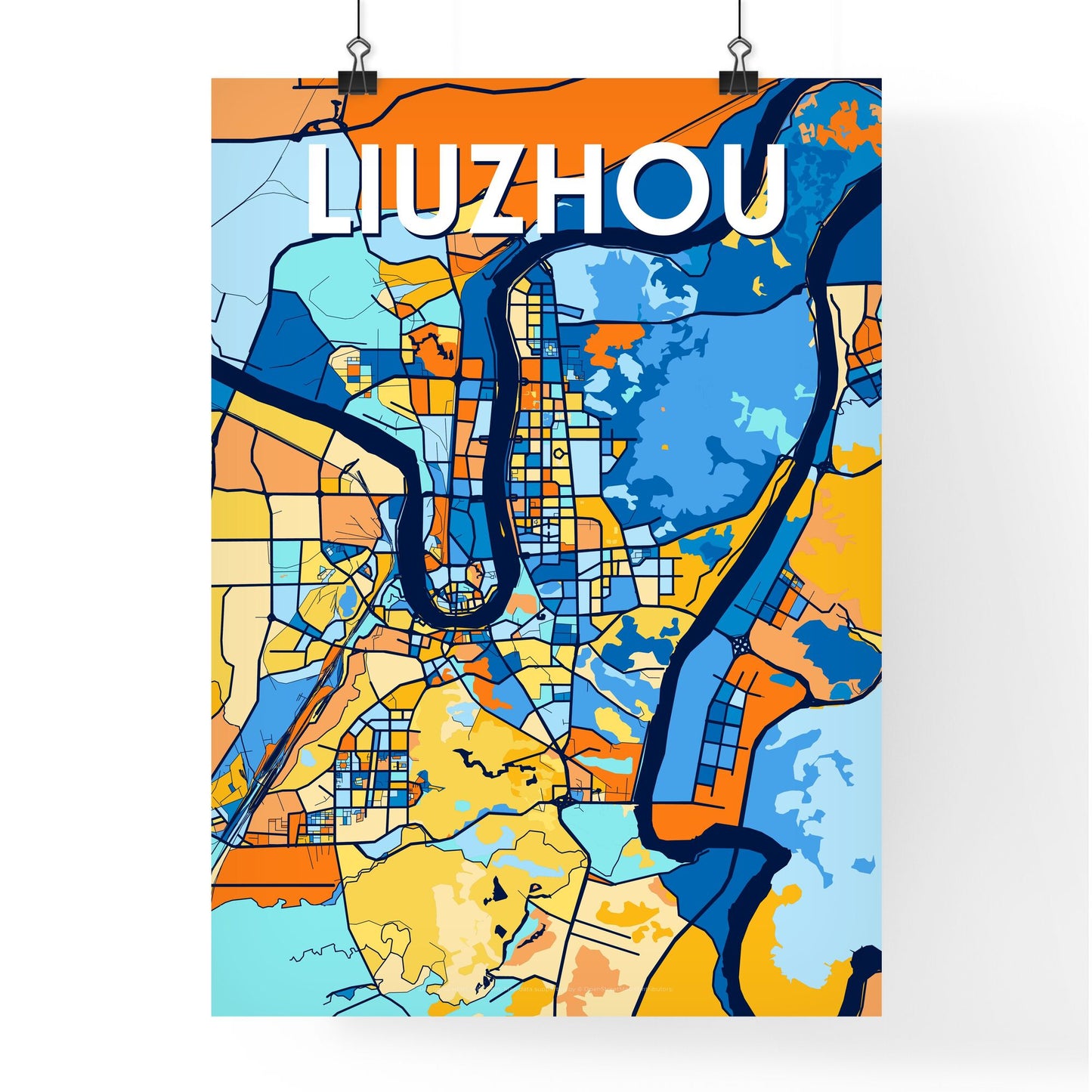 LIUZHOU CHINA Vibrant Colorful Art Map Poster Blue Orange