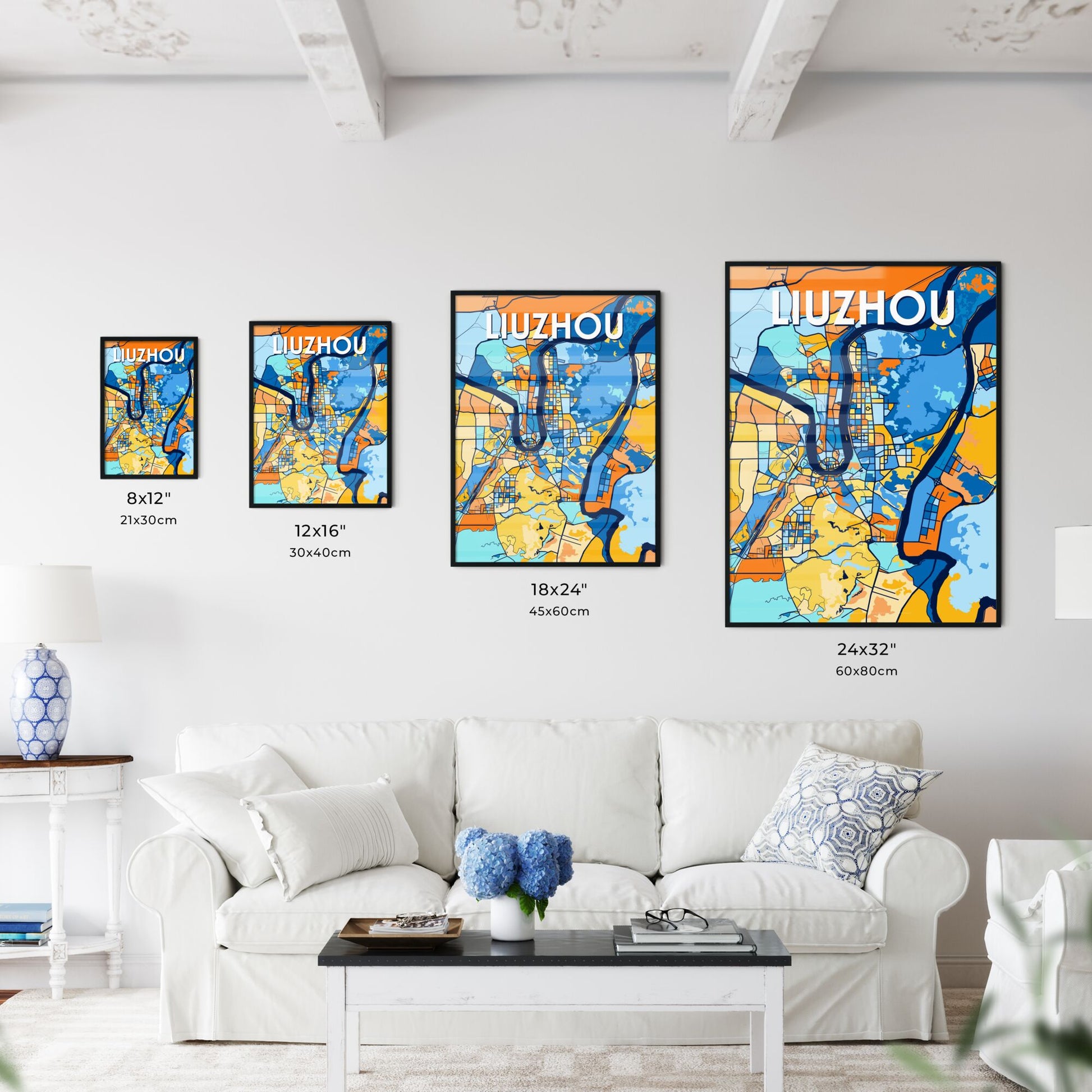 LIUZHOU CHINA Vibrant Colorful Art Map Poster Blue Orange