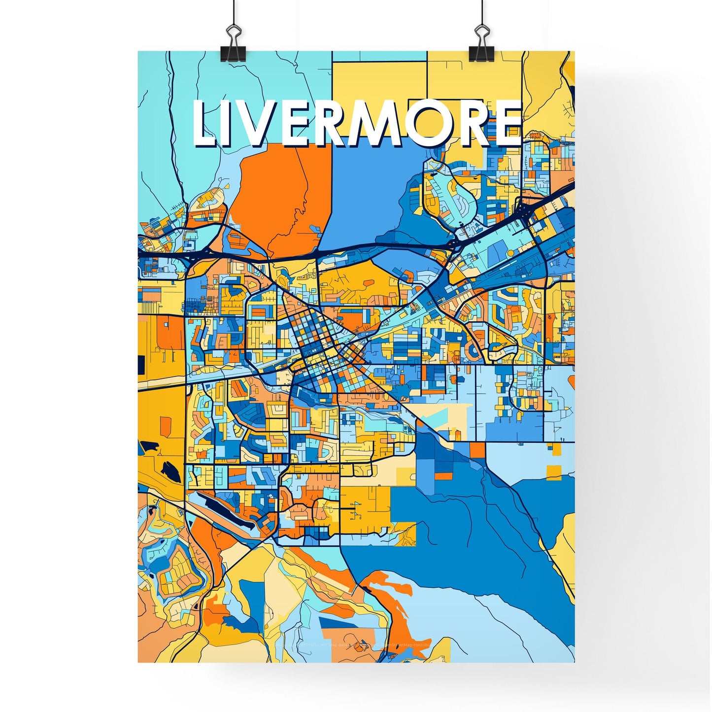 LIVERMORE CALIFORNIA Vibrant Colorful Art Map Poster Blue Orange