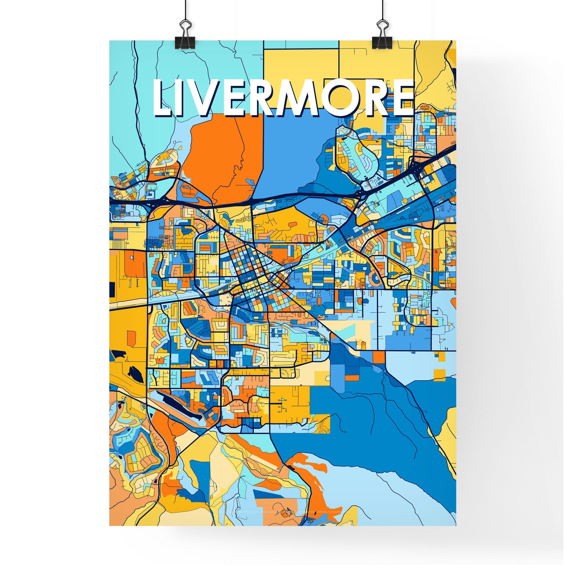 LIVERMORE CALIFORNIA Vibrant Colorful Art Map Poster Blue Orange