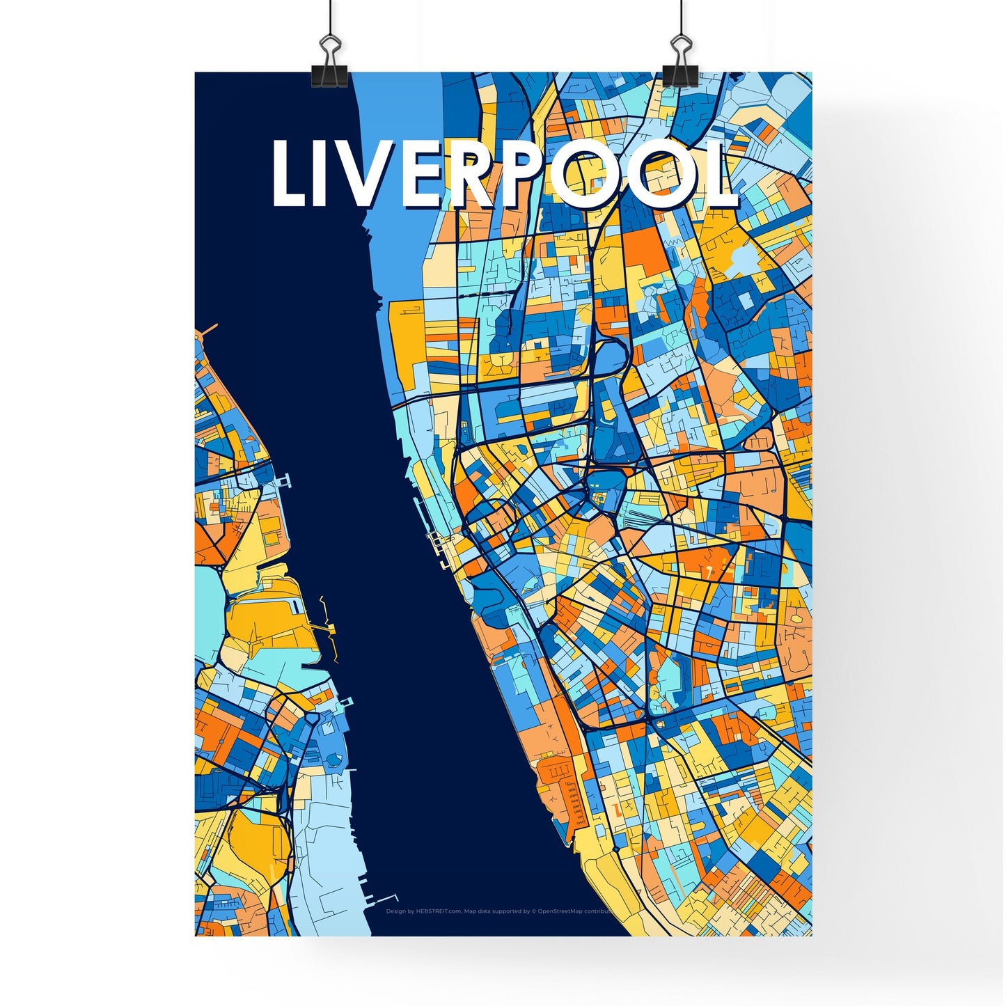 LIVERPOOL ENGLAND Vibrant Colorful Art Map Poster Blue Orange