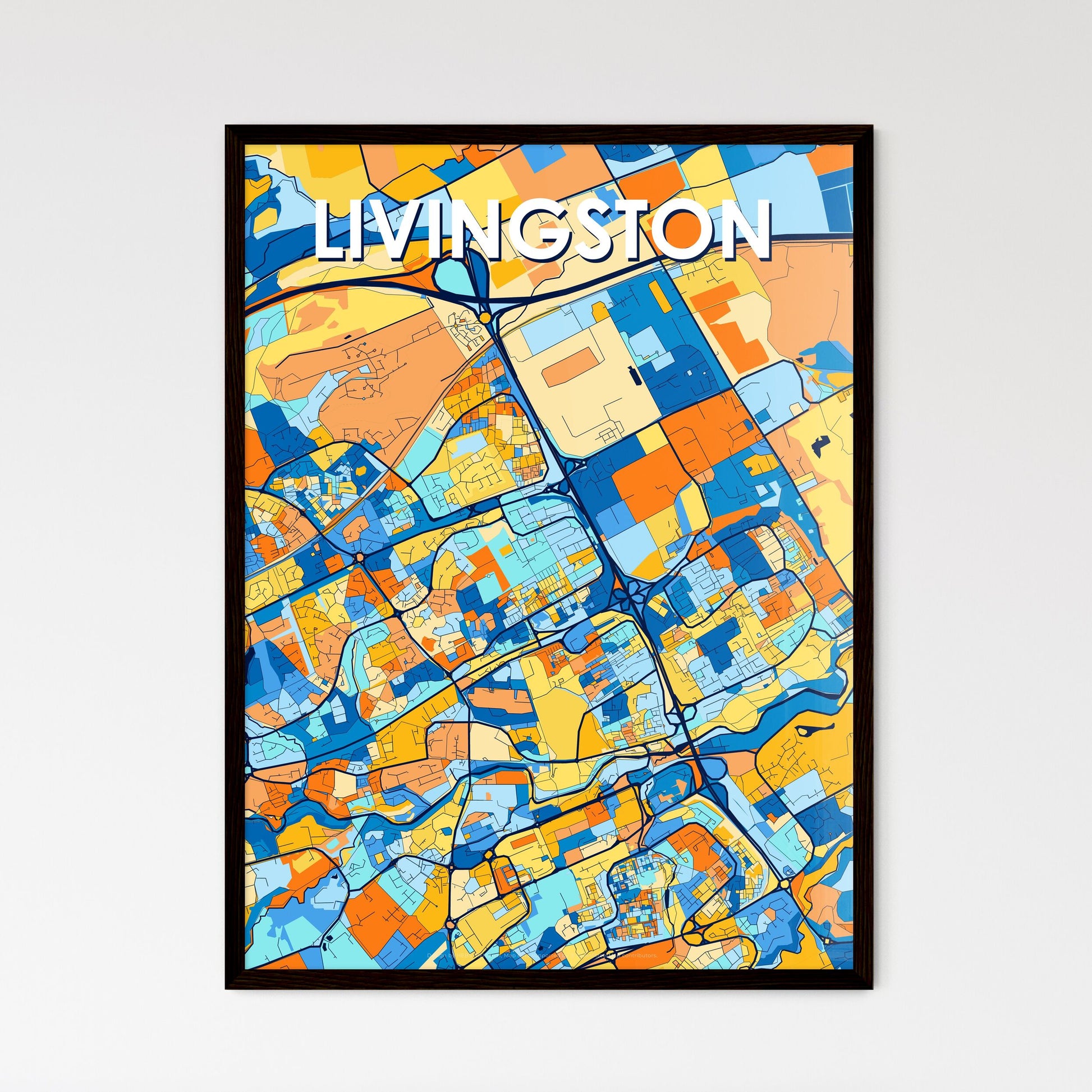 LIVINGSTON SCOTLAND Vibrant Colorful Art Map Poster Blue Orange