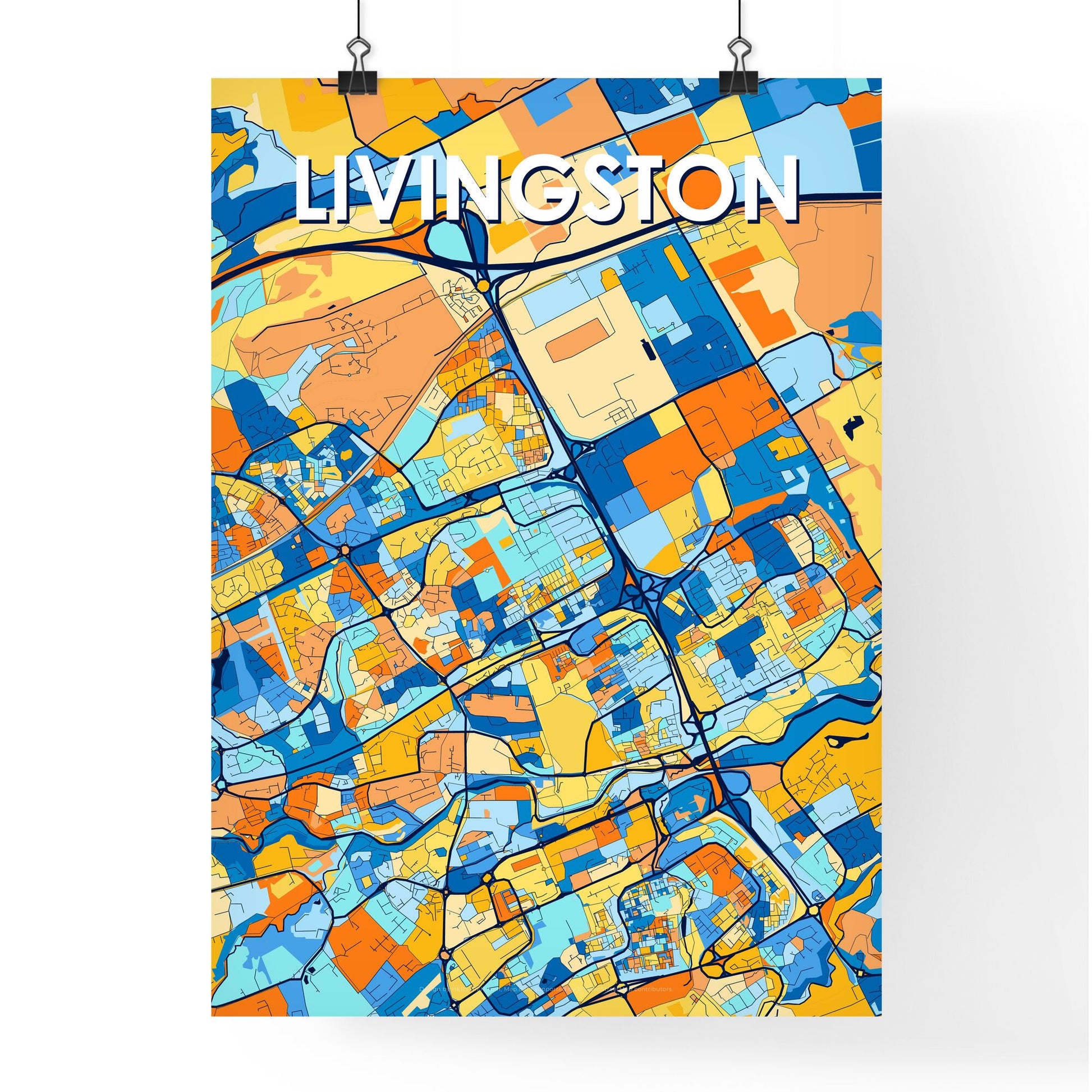 LIVINGSTON SCOTLAND Vibrant Colorful Art Map Poster Blue Orange