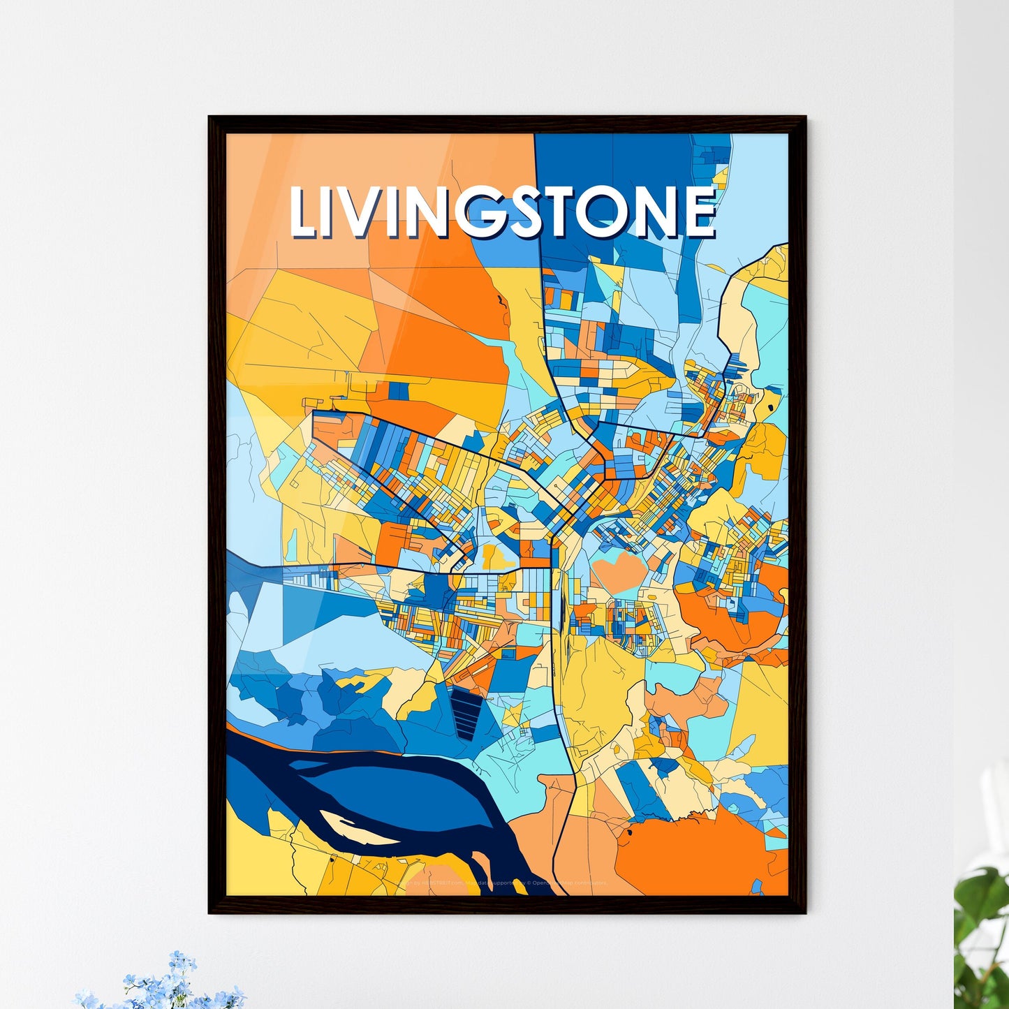 LIVINGSTONE ZAMBIA Vibrant Colorful Art Map Poster Blue Orange