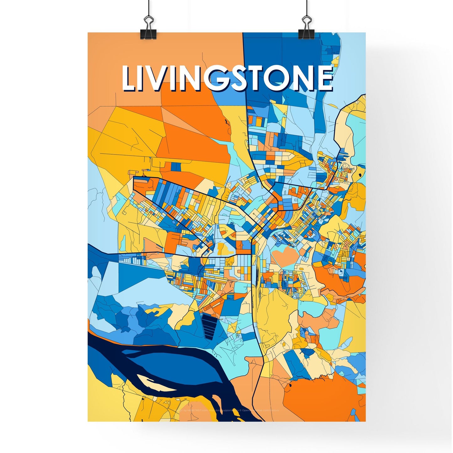 LIVINGSTONE ZAMBIA Vibrant Colorful Art Map Poster Blue Orange