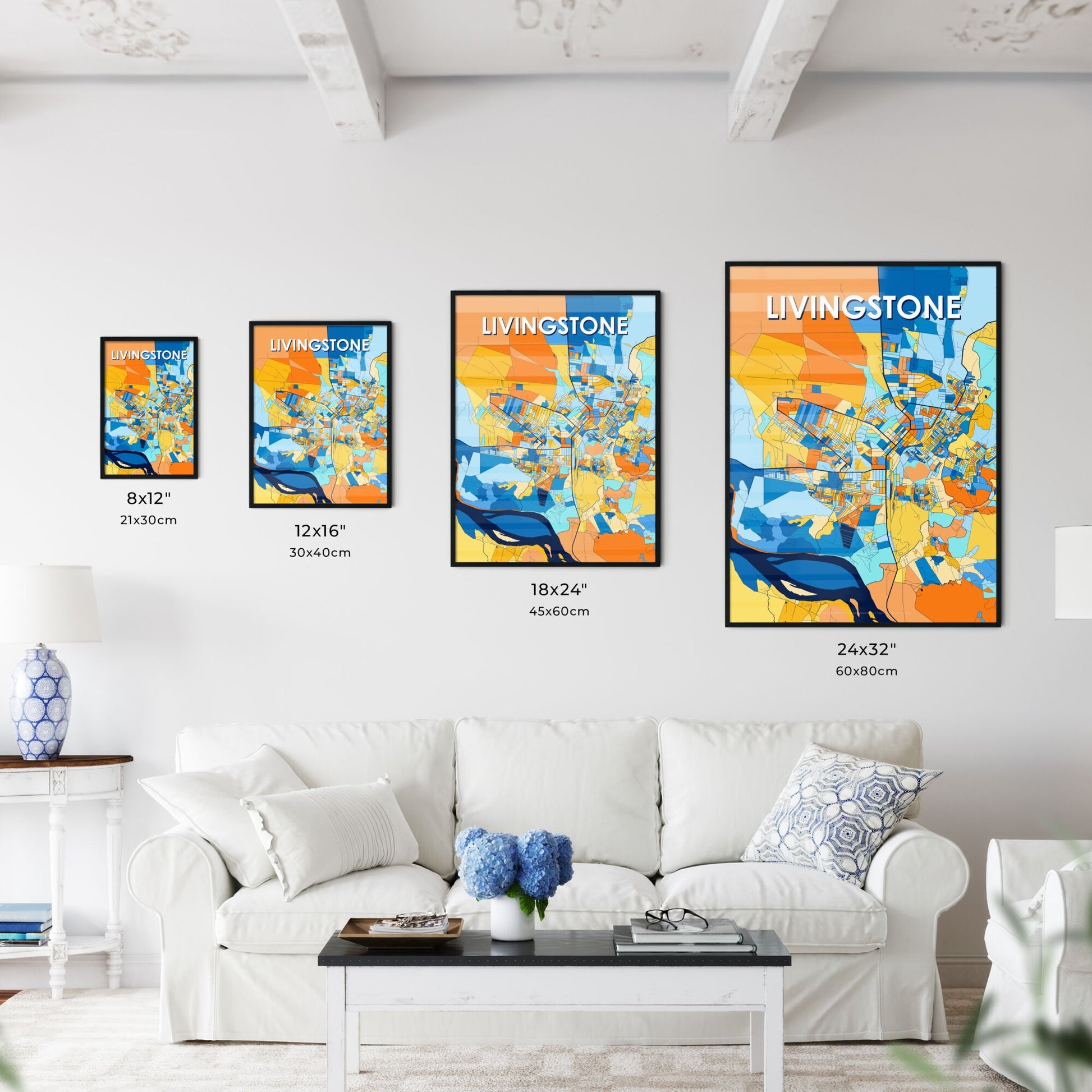 LIVINGSTONE ZAMBIA Vibrant Colorful Art Map Poster Blue Orange