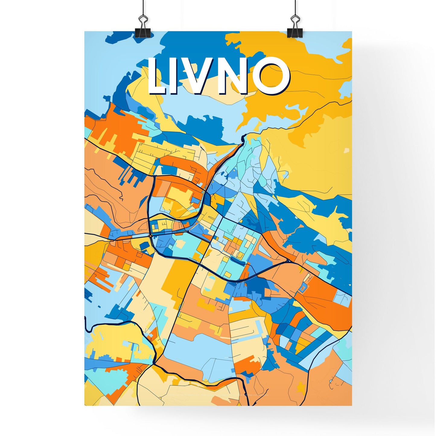 LIVNO BOSNIA AND HERZEGOVINA Vibrant Colorful Art Map Poster Blue Orange