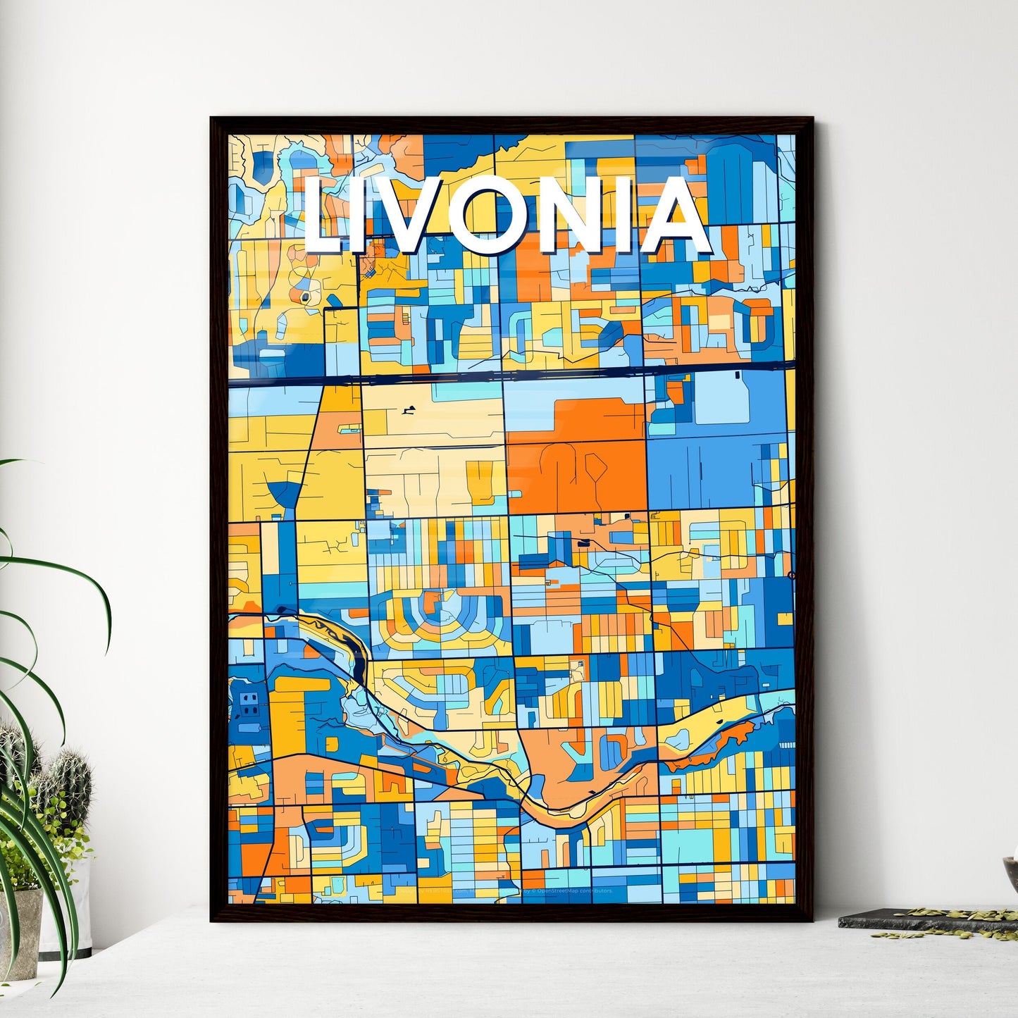 LIVONIA MICHIGAN Vibrant Colorful Art Map Poster Blue Orange