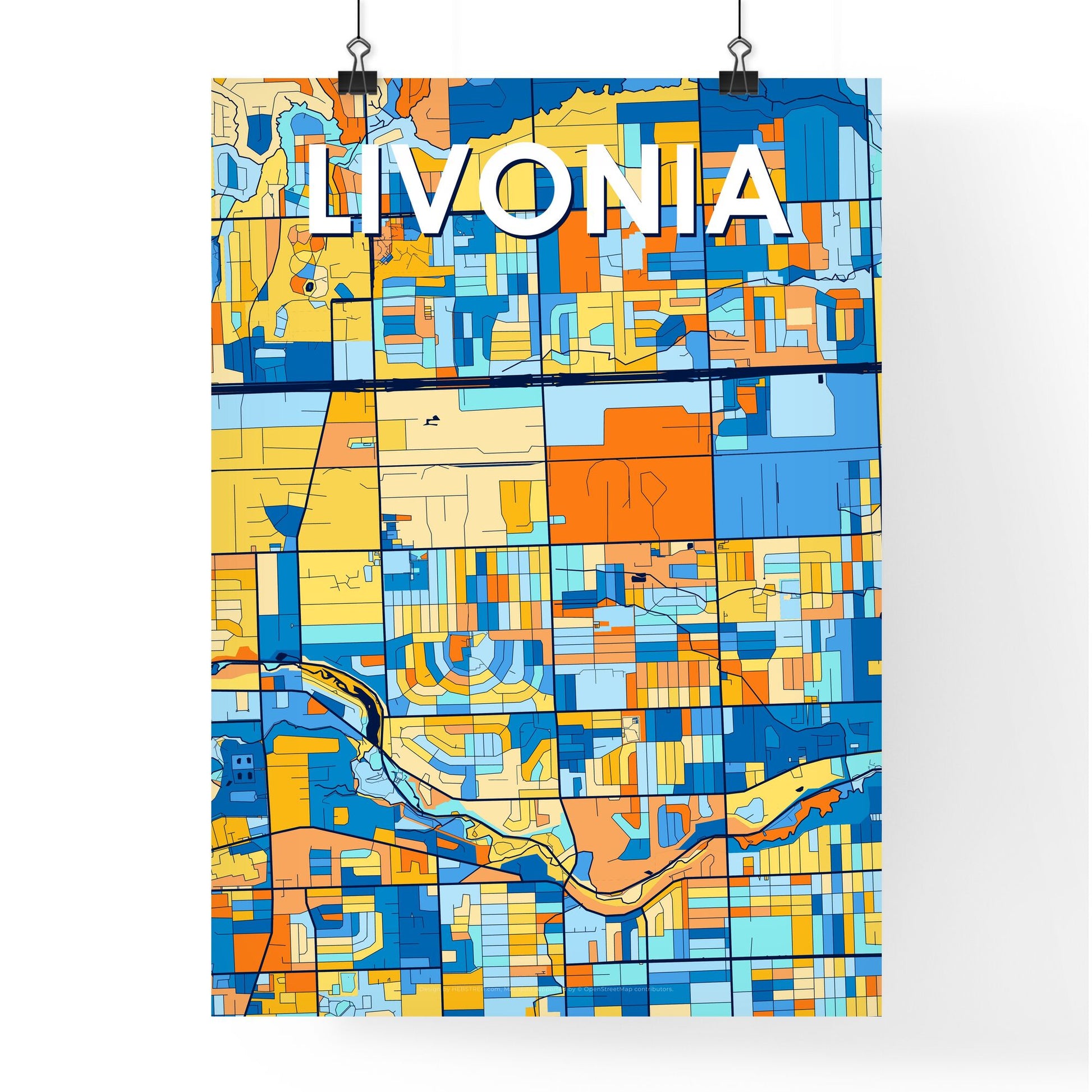 LIVONIA MICHIGAN Vibrant Colorful Art Map Poster Blue Orange