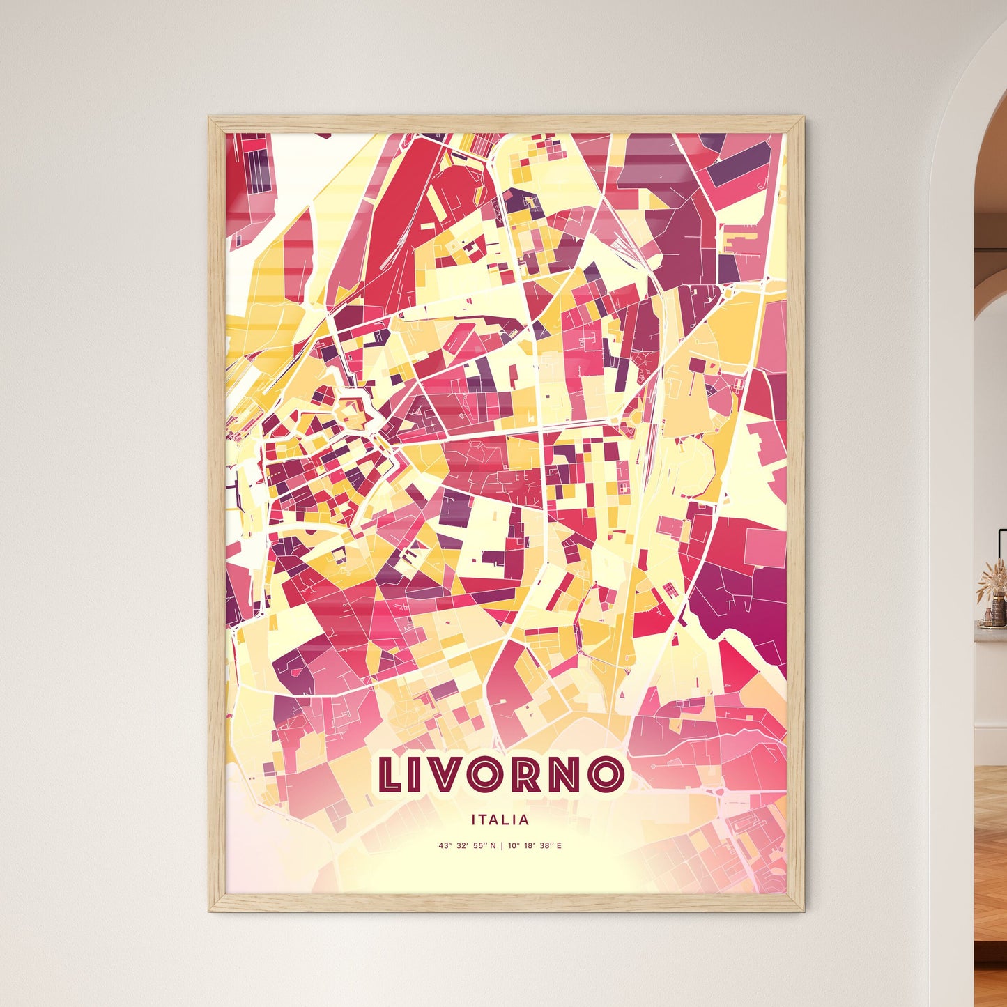 Colorful Livorno Italy Fine Art Map Hot Red