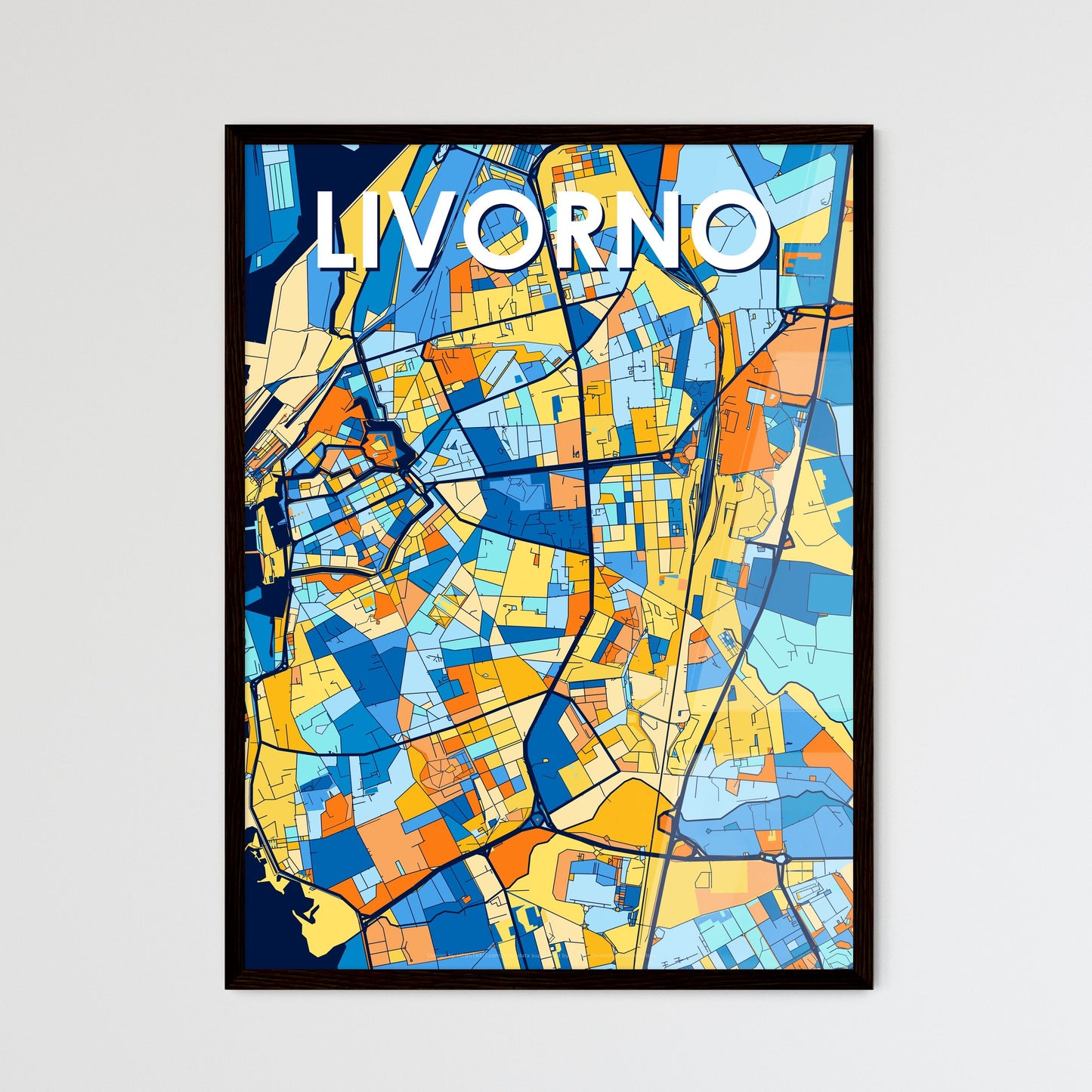 LIVORNO ITALY Vibrant Colorful Art Map Poster Blue Orange