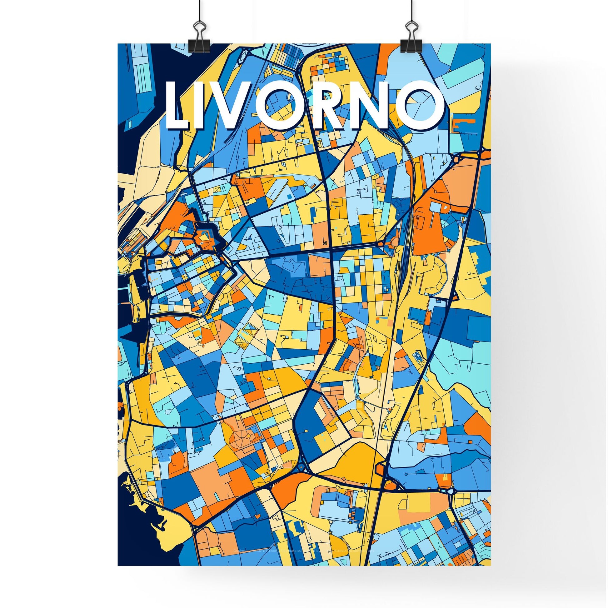 LIVORNO ITALY Vibrant Colorful Art Map Poster Blue Orange