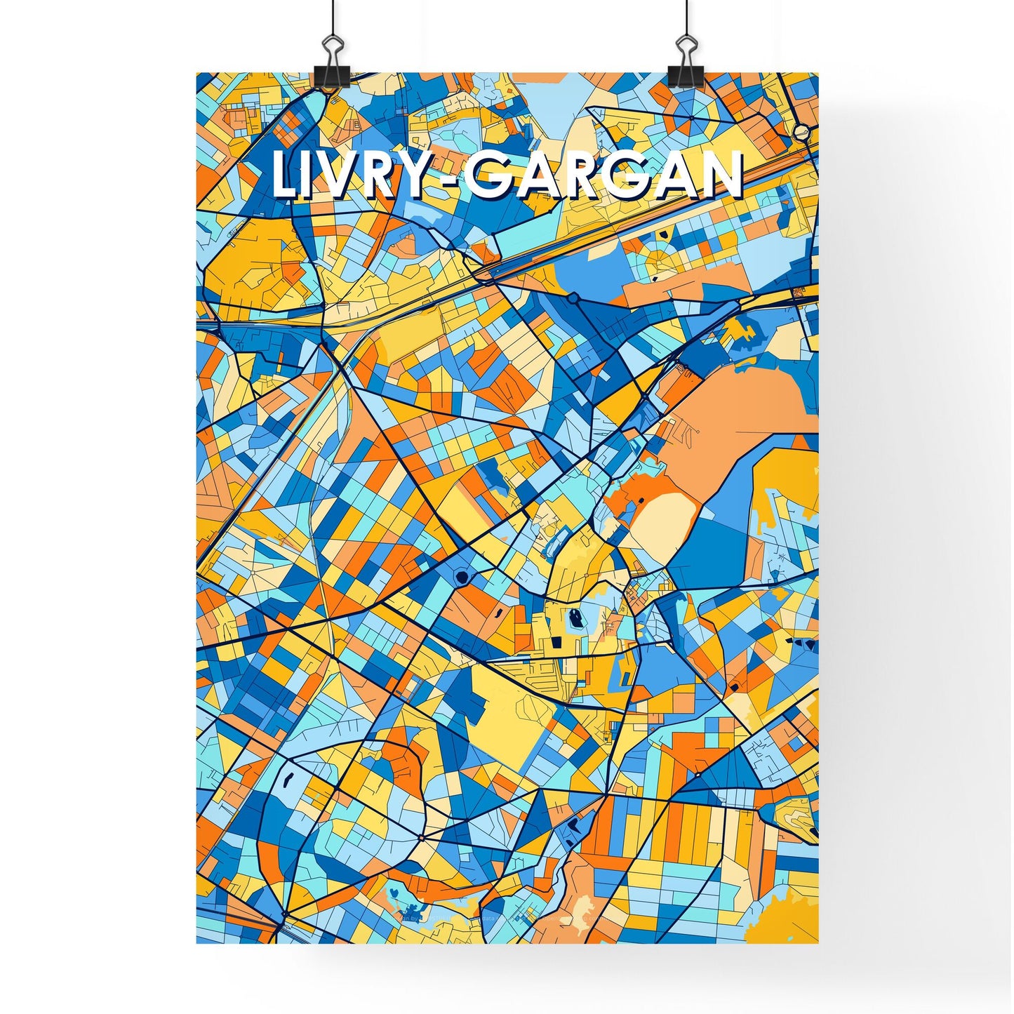 LIVRY-GARGAN FRANCE Vibrant Colorful Art Map Poster Blue Orange