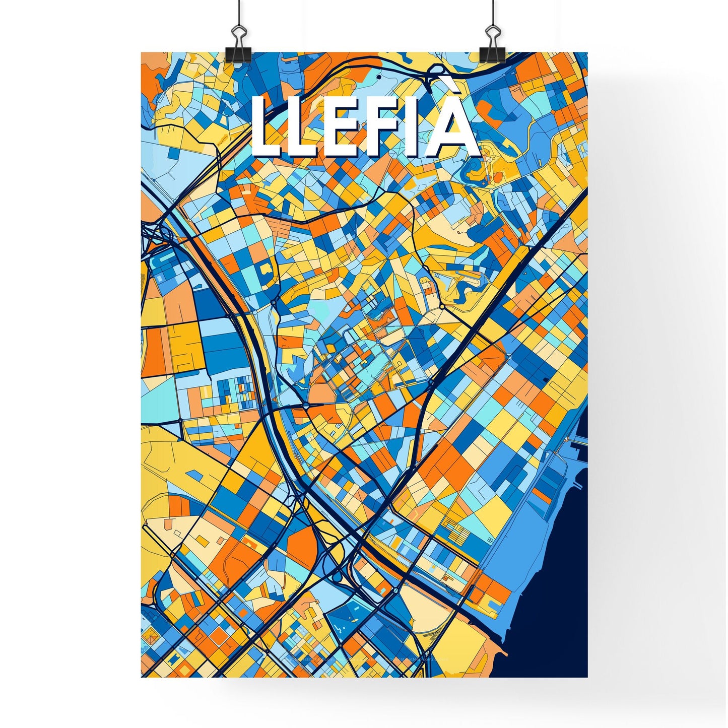 LLEFIÀ SPAIN Vibrant Colorful Art Map Poster Blue Orange