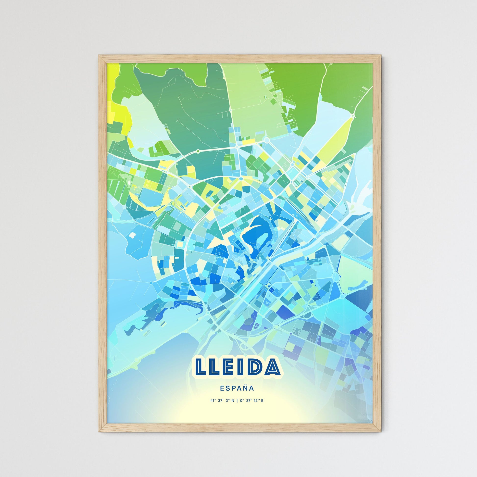 Colorful Lleida Spain Fine Art Map Cool Blue