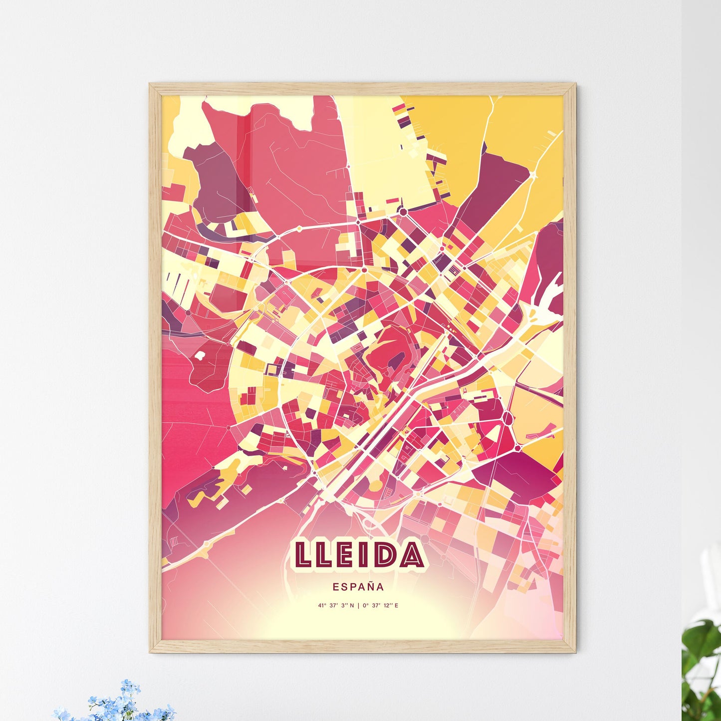 Colorful Lleida Spain Fine Art Map Hot Red