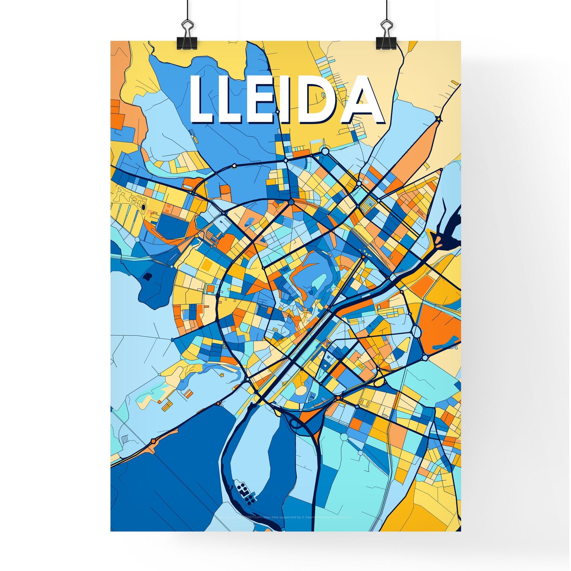 LLEIDA SPAIN Vibrant Colorful Art Map Poster Blue Orange