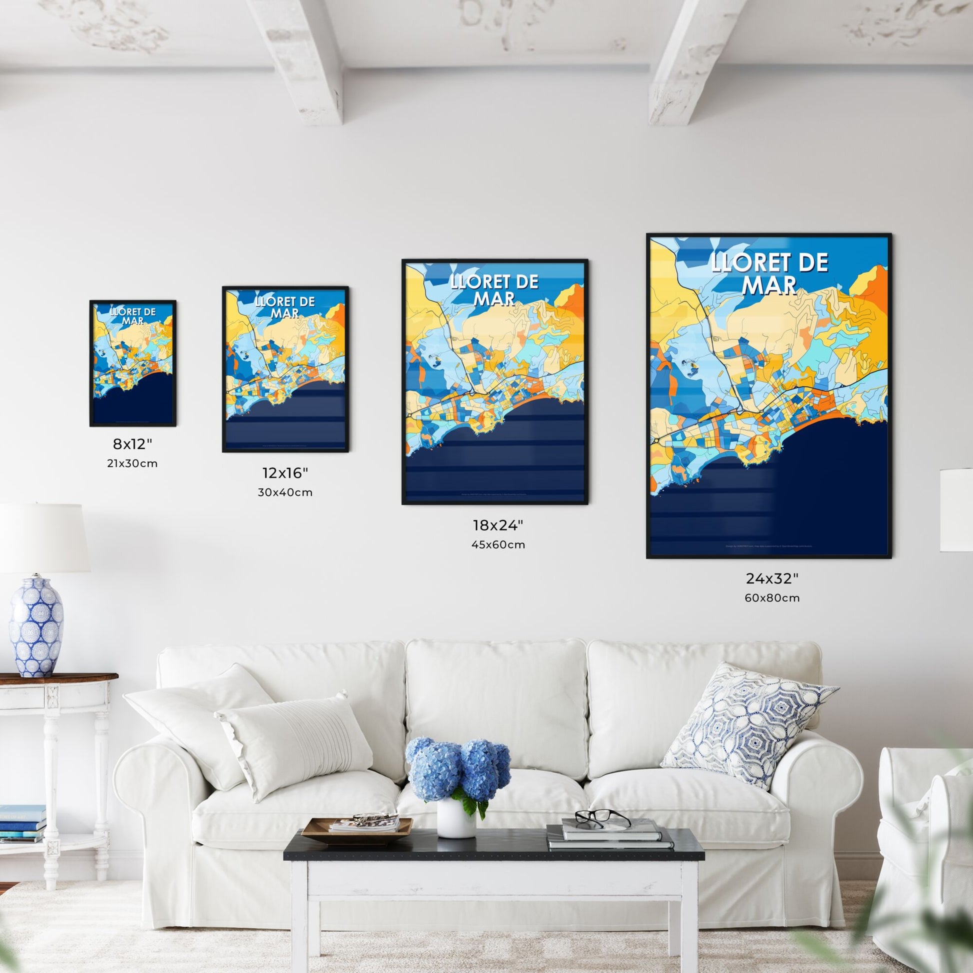 LLORET DE MAR SPAIN Vibrant Colorful Art Map Poster Blue Orange