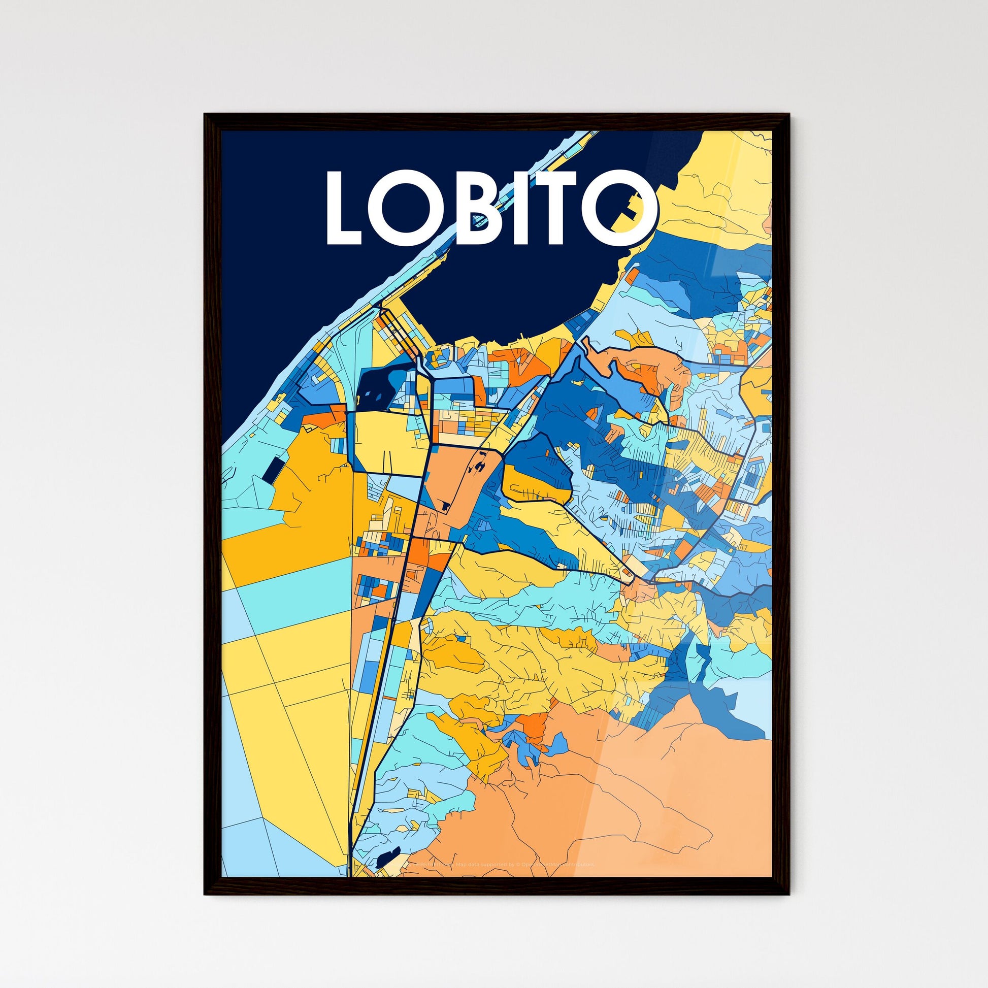 LOBITO ANGOLA Vibrant Colorful Art Map Poster Blue Orange