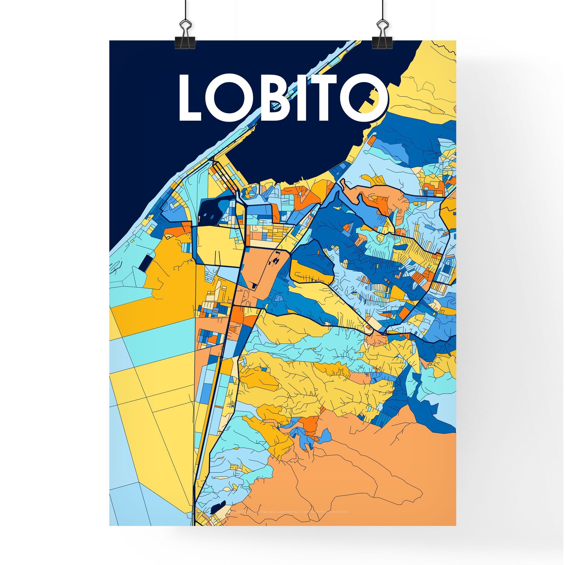 LOBITO ANGOLA Vibrant Colorful Art Map Poster Blue Orange