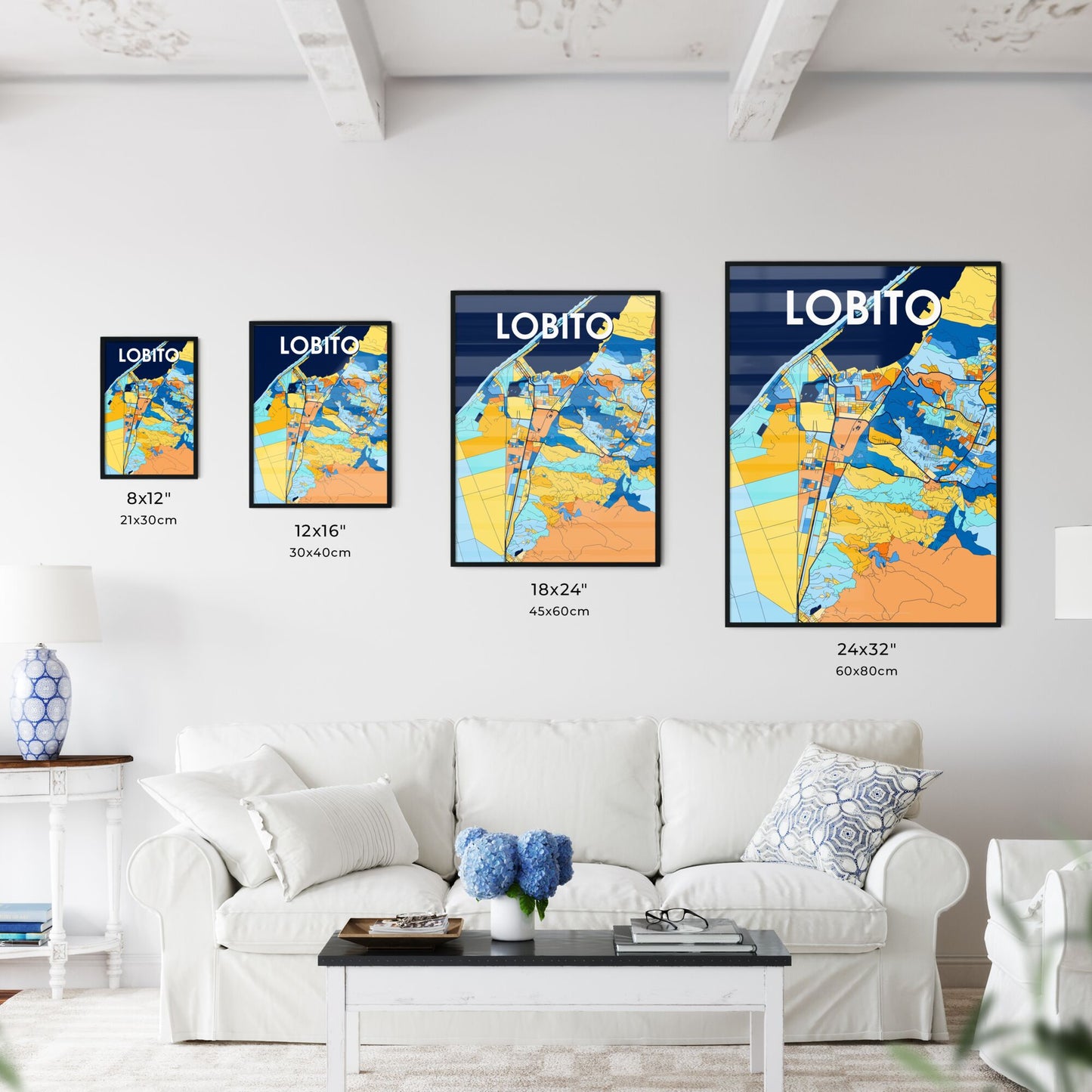 LOBITO ANGOLA Vibrant Colorful Art Map Poster Blue Orange