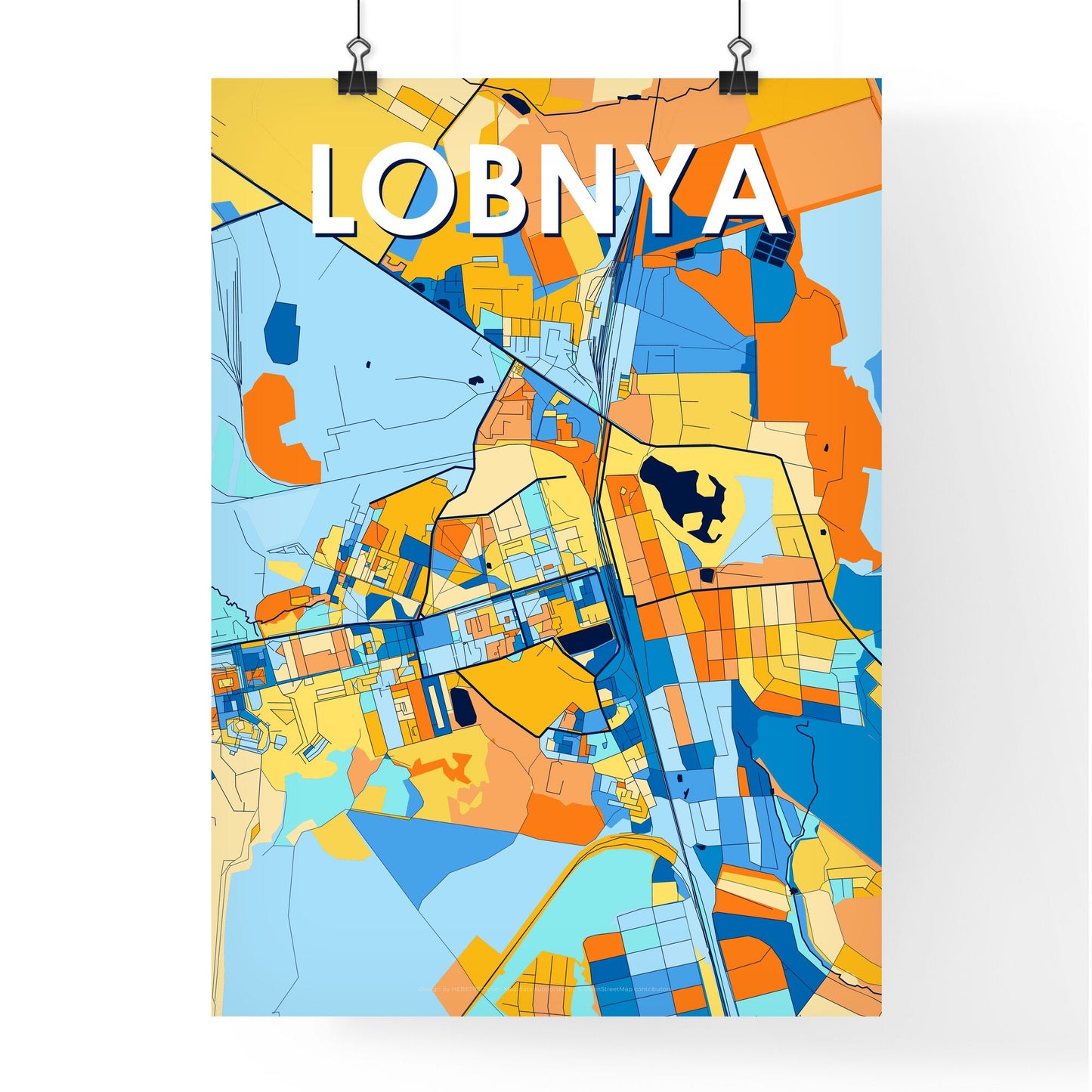 LOBNYA RUSSIA Vibrant Colorful Art Map Poster Blue Orange