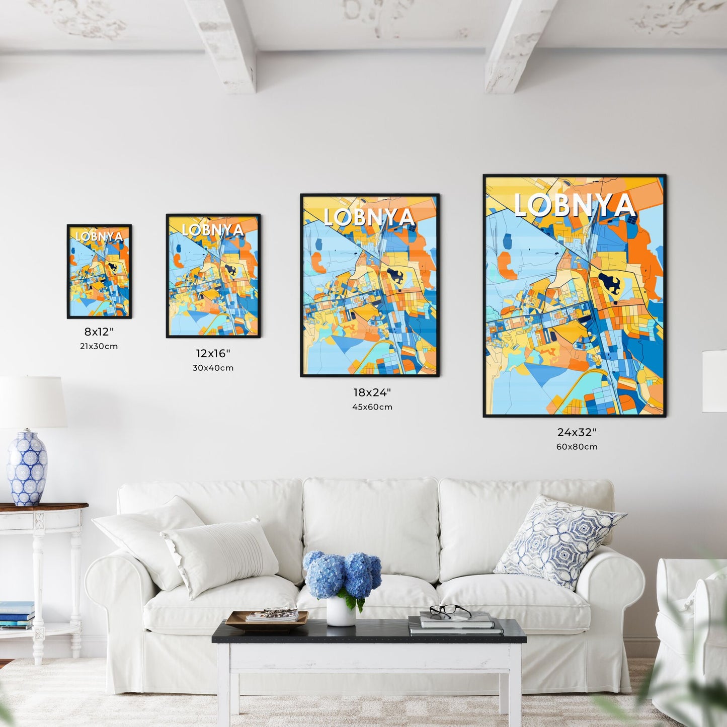 LOBNYA RUSSIA Vibrant Colorful Art Map Poster Blue Orange