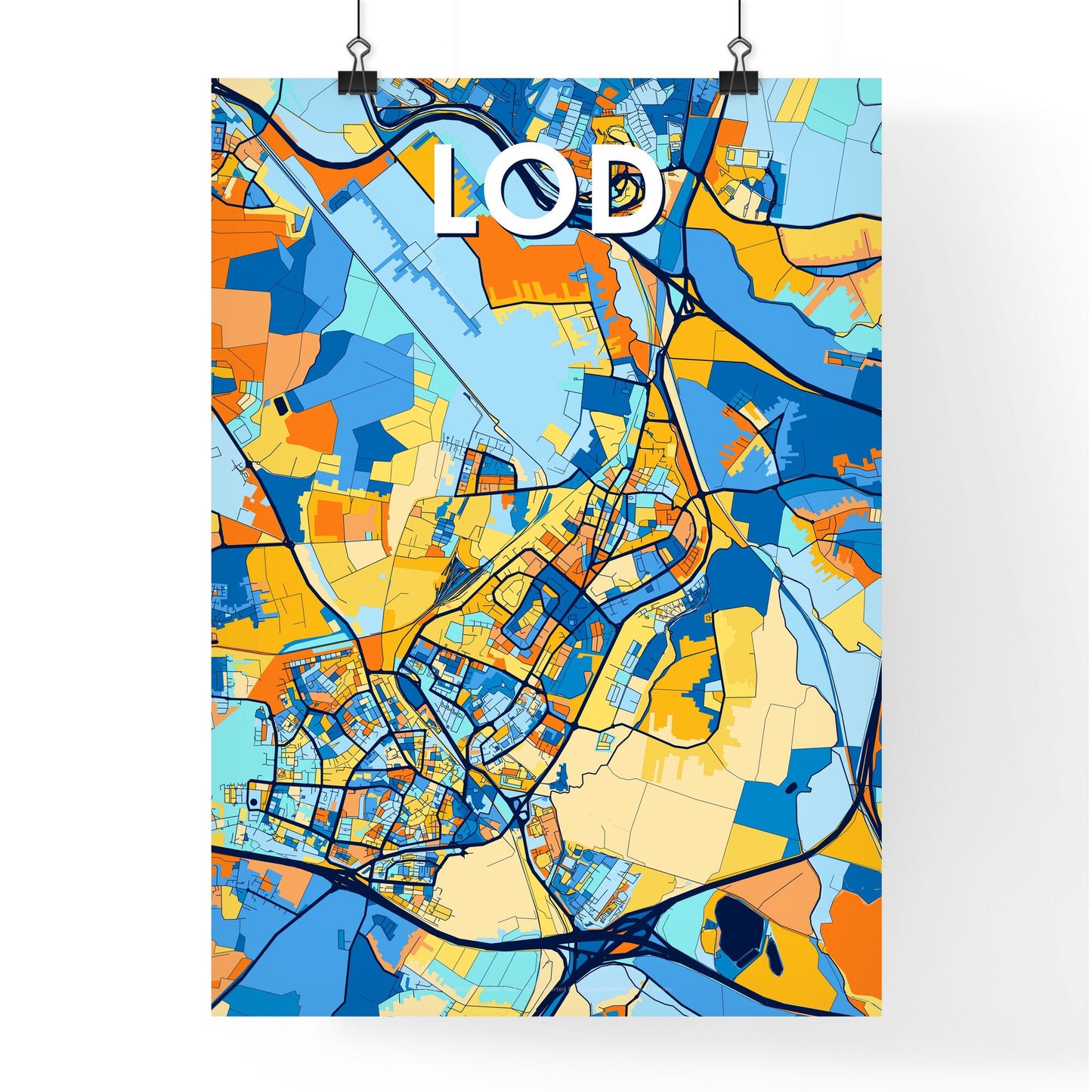 LOD ISRAEL Vibrant Colorful Art Map Poster Blue Orange