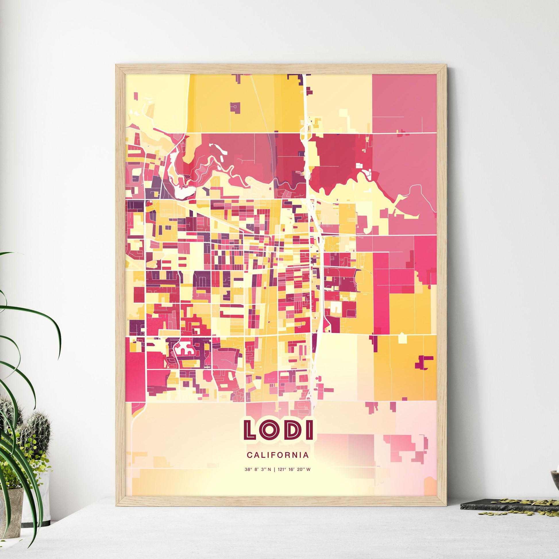 Colorful Lodi California Fine Art Map Hot Red