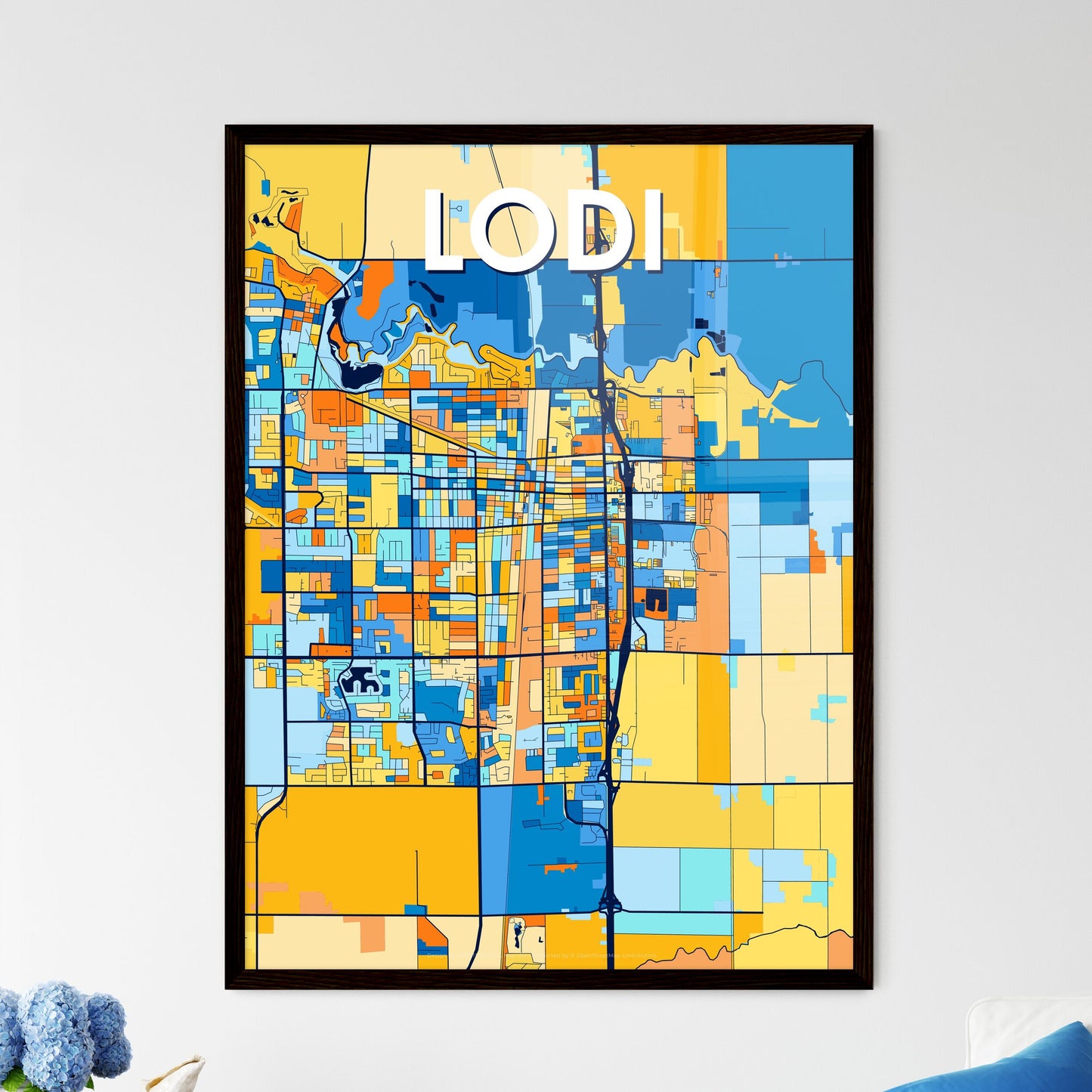 LODI CALIFORNIA Vibrant Colorful Art Map Poster Blue Orange