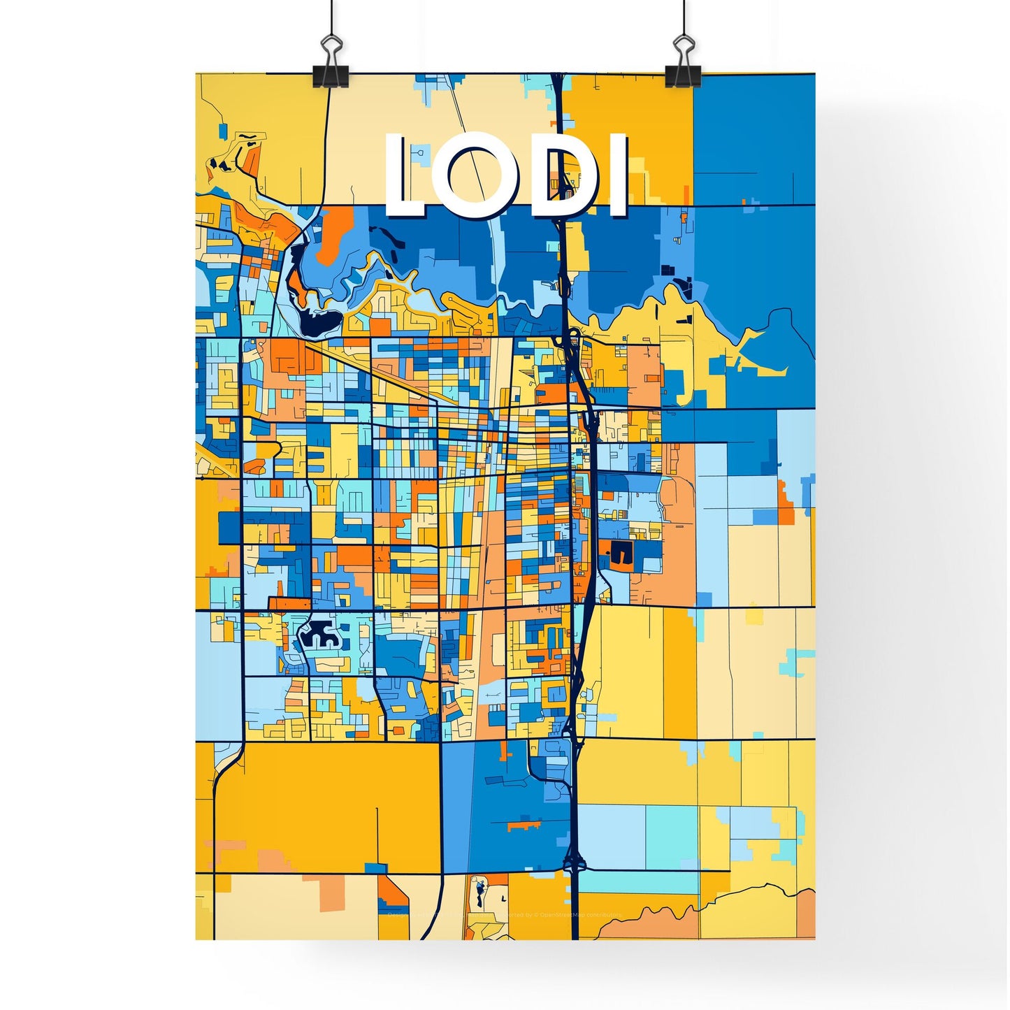 LODI CALIFORNIA Vibrant Colorful Art Map Poster Blue Orange