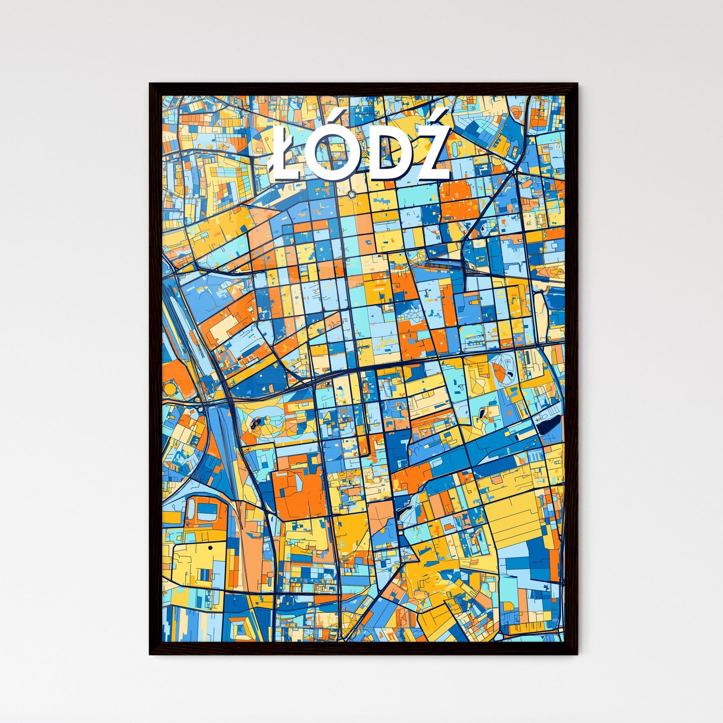 ŁÓDŹ POLAND Vibrant Colorful Art Map Poster Blue Orange