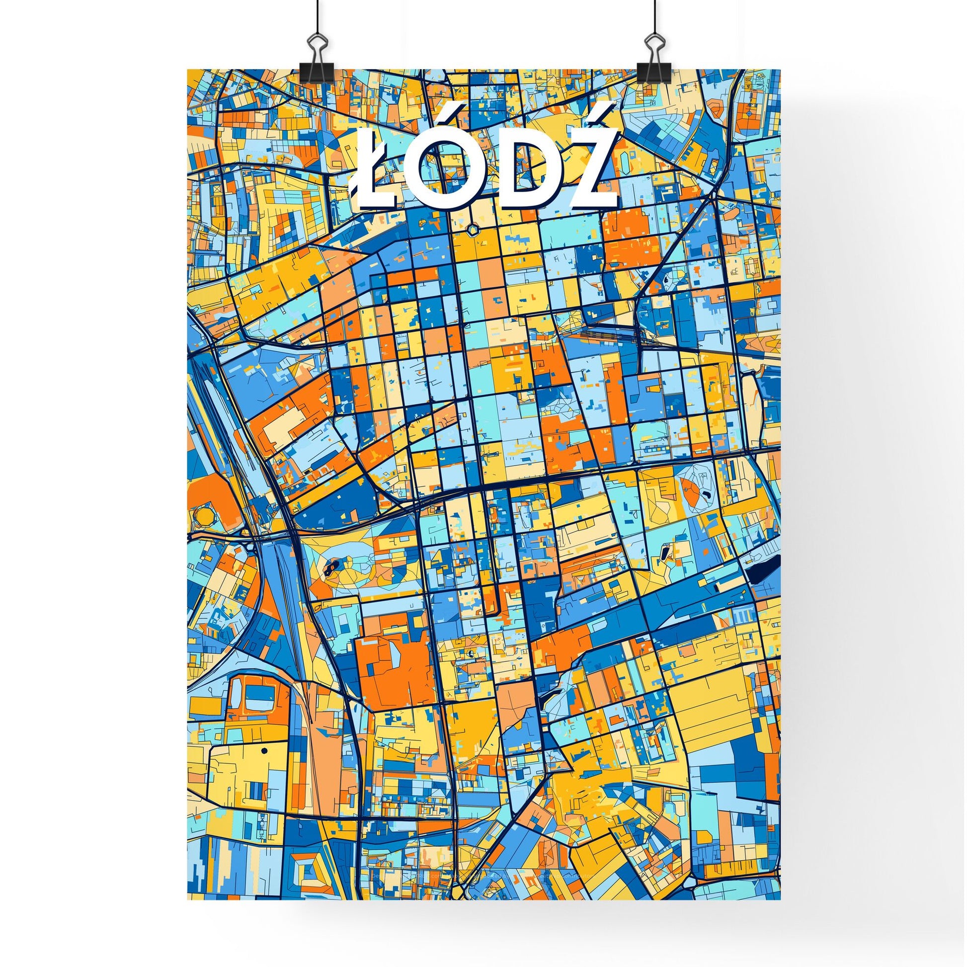 ŁÓDŹ POLAND Vibrant Colorful Art Map Poster Blue Orange