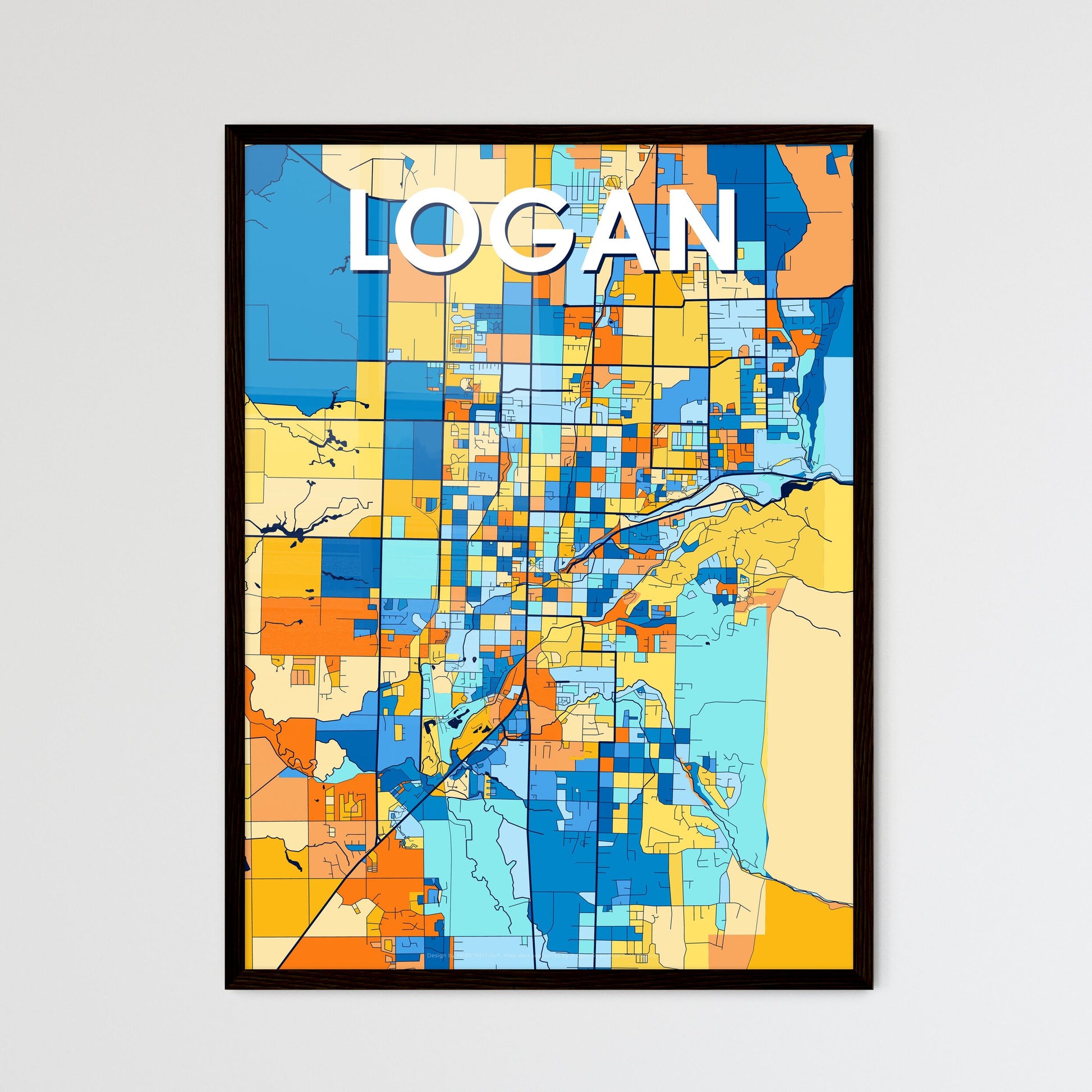 LOGAN UTAH Vibrant Colorful Art Map Poster Blue Orange