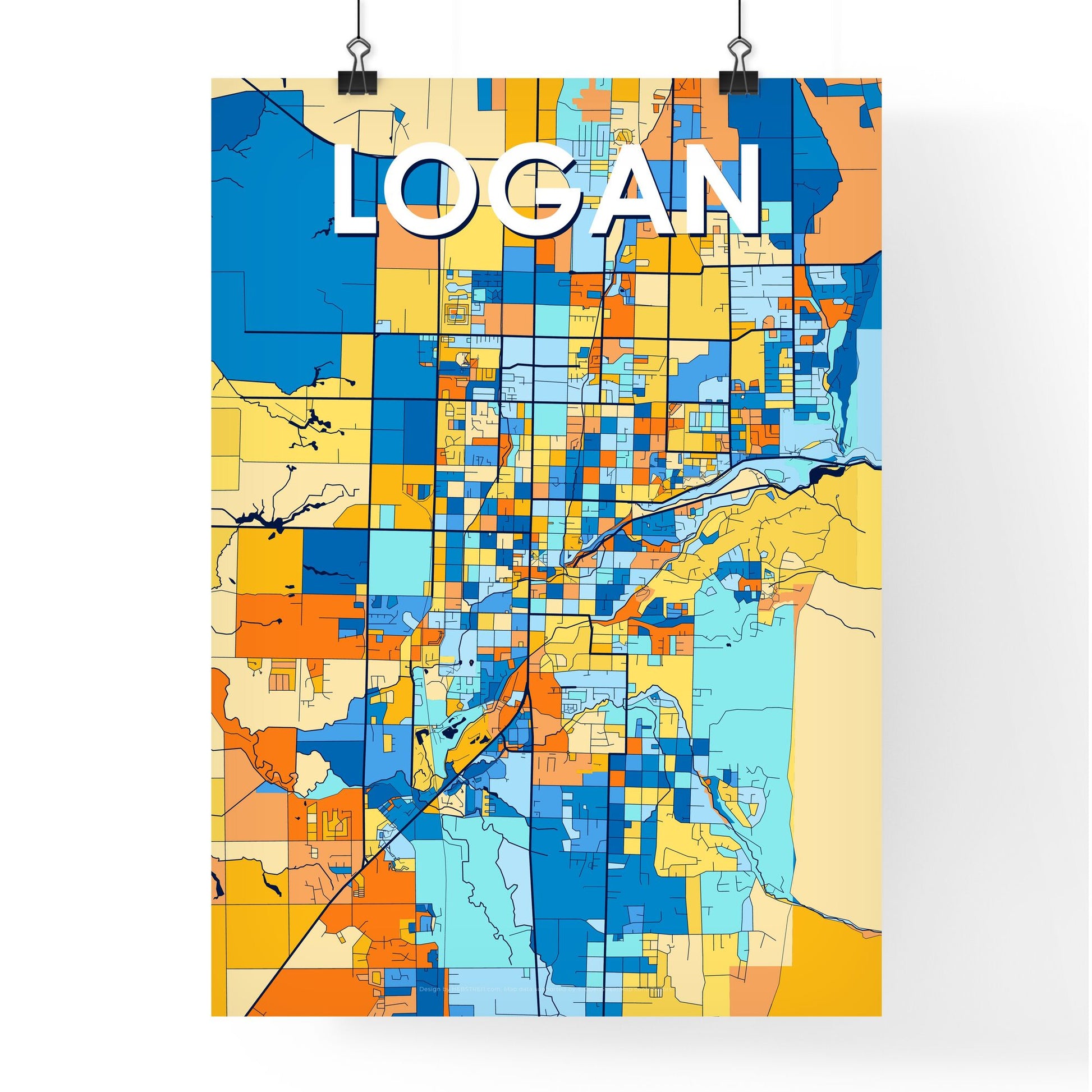 LOGAN UTAH Vibrant Colorful Art Map Poster Blue Orange