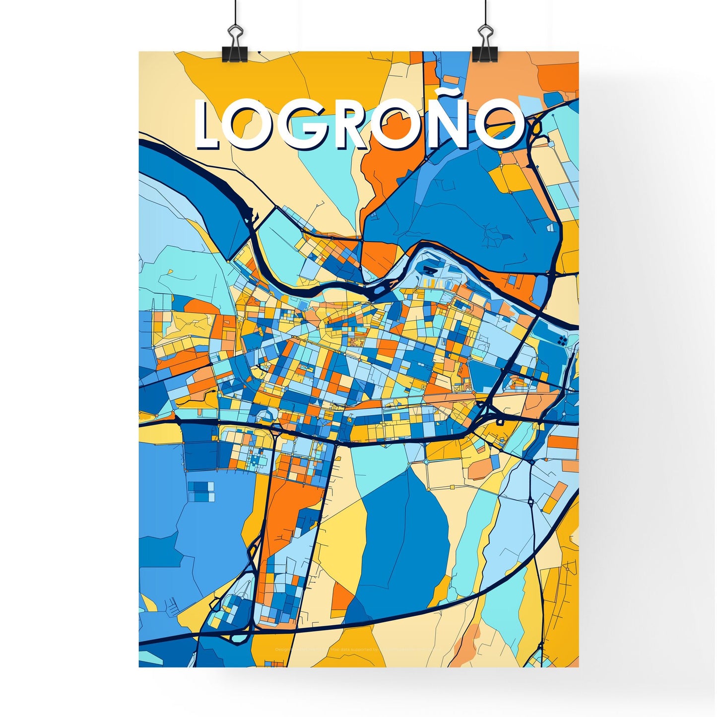 LOGROÑO SPAIN Vibrant Colorful Art Map Poster Blue Orange