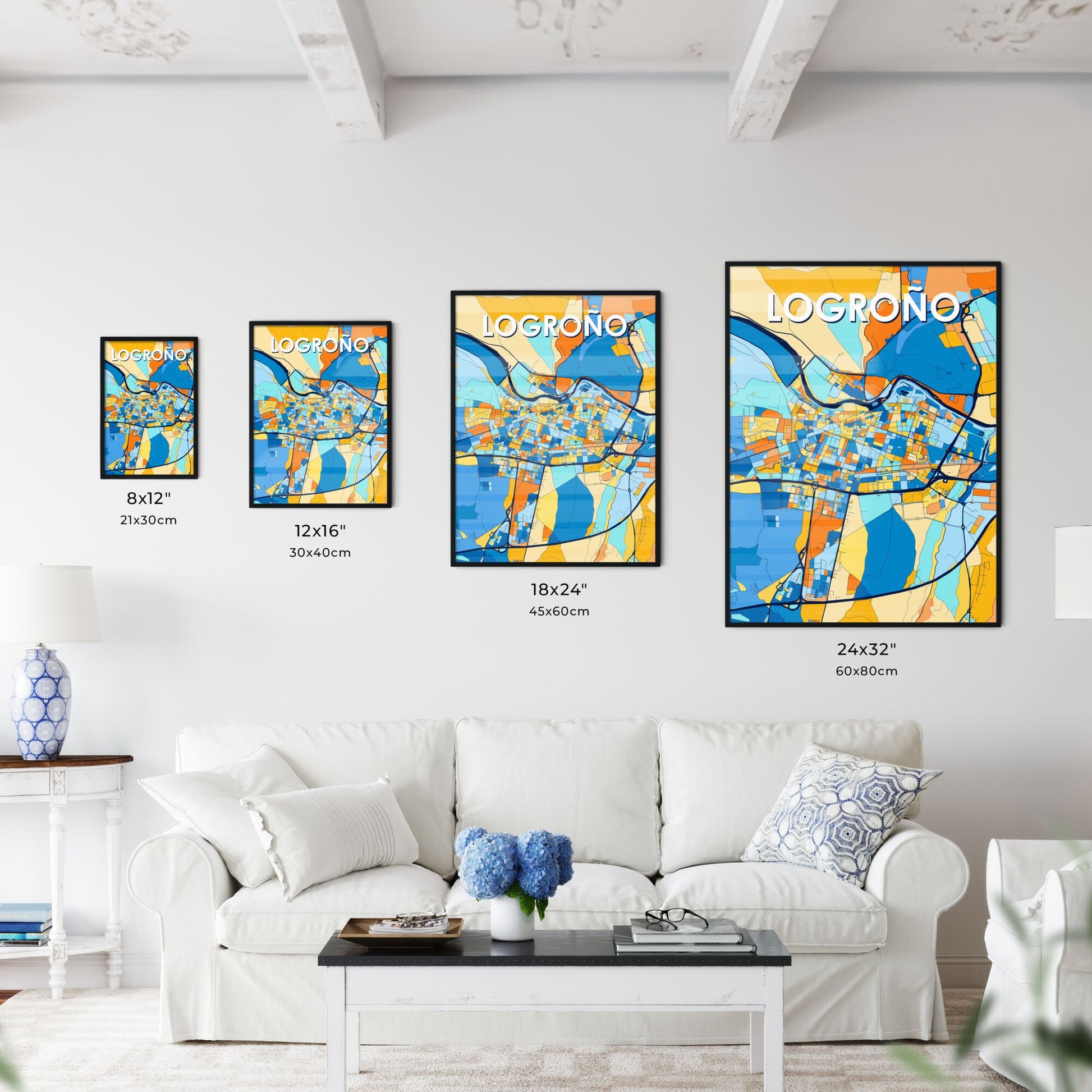 LOGROÑO SPAIN Vibrant Colorful Art Map Poster Blue Orange