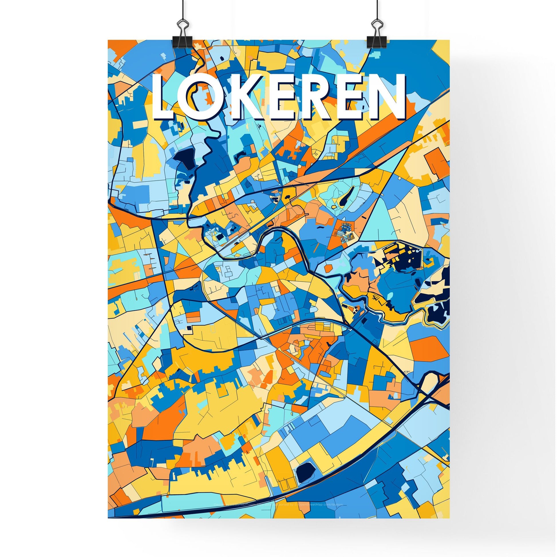 LOKEREN BELGIUM Vibrant Colorful Art Map Poster Blue Orange