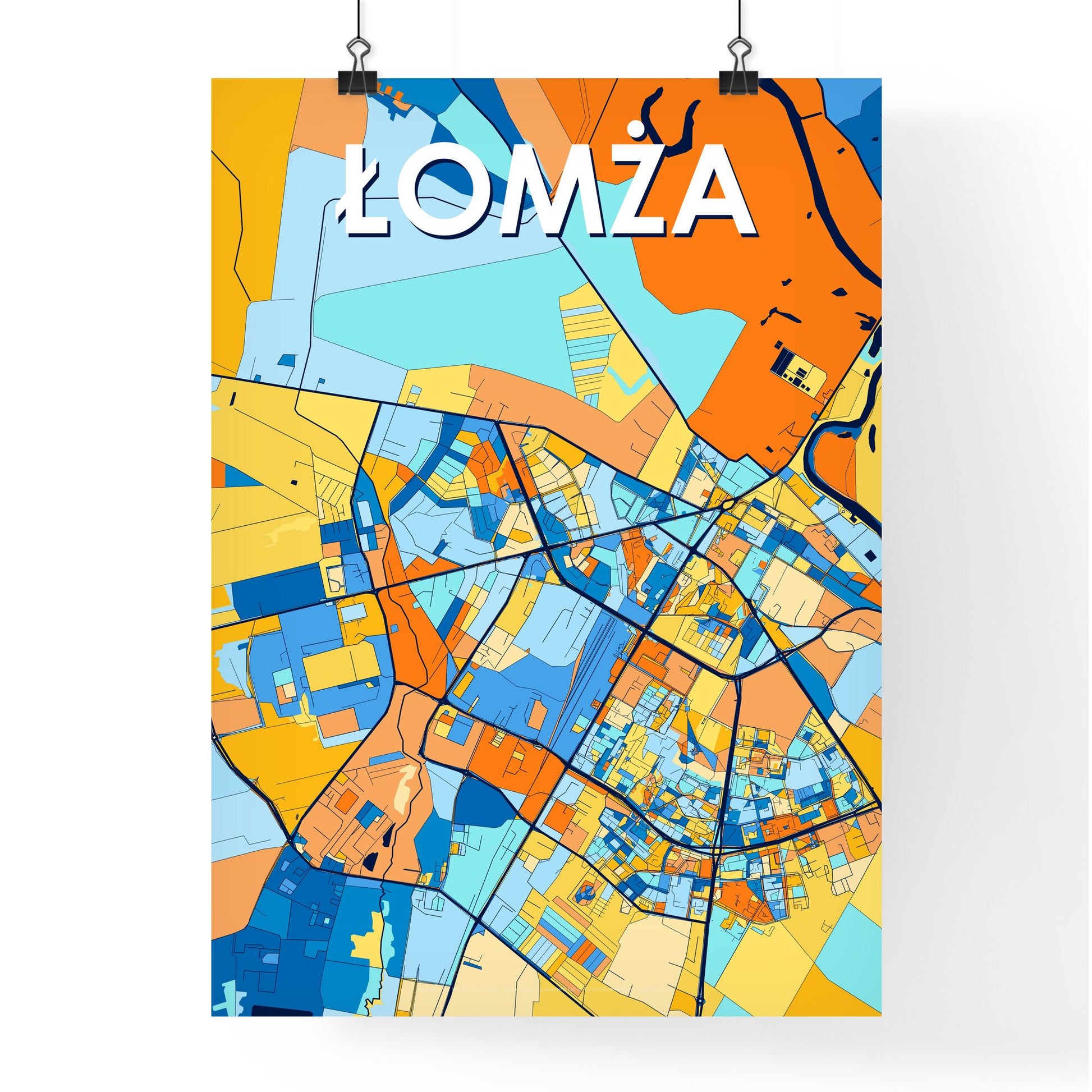 ŁOMŻA POLAND Vibrant Colorful Art Map Poster Blue Orange